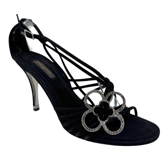 Louis Vuitton Black Strappy Crystal Flower Logo Sandal Heels