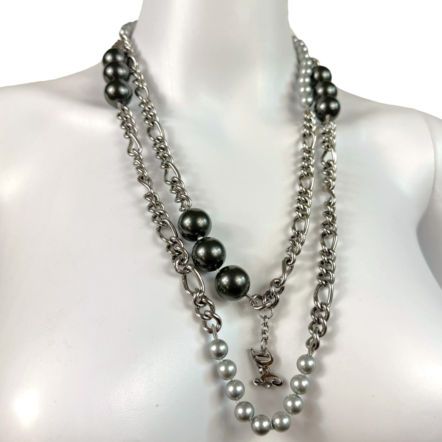 D&G Dolce & Gabbana Silver Pearl & Chain Wrap Necklace