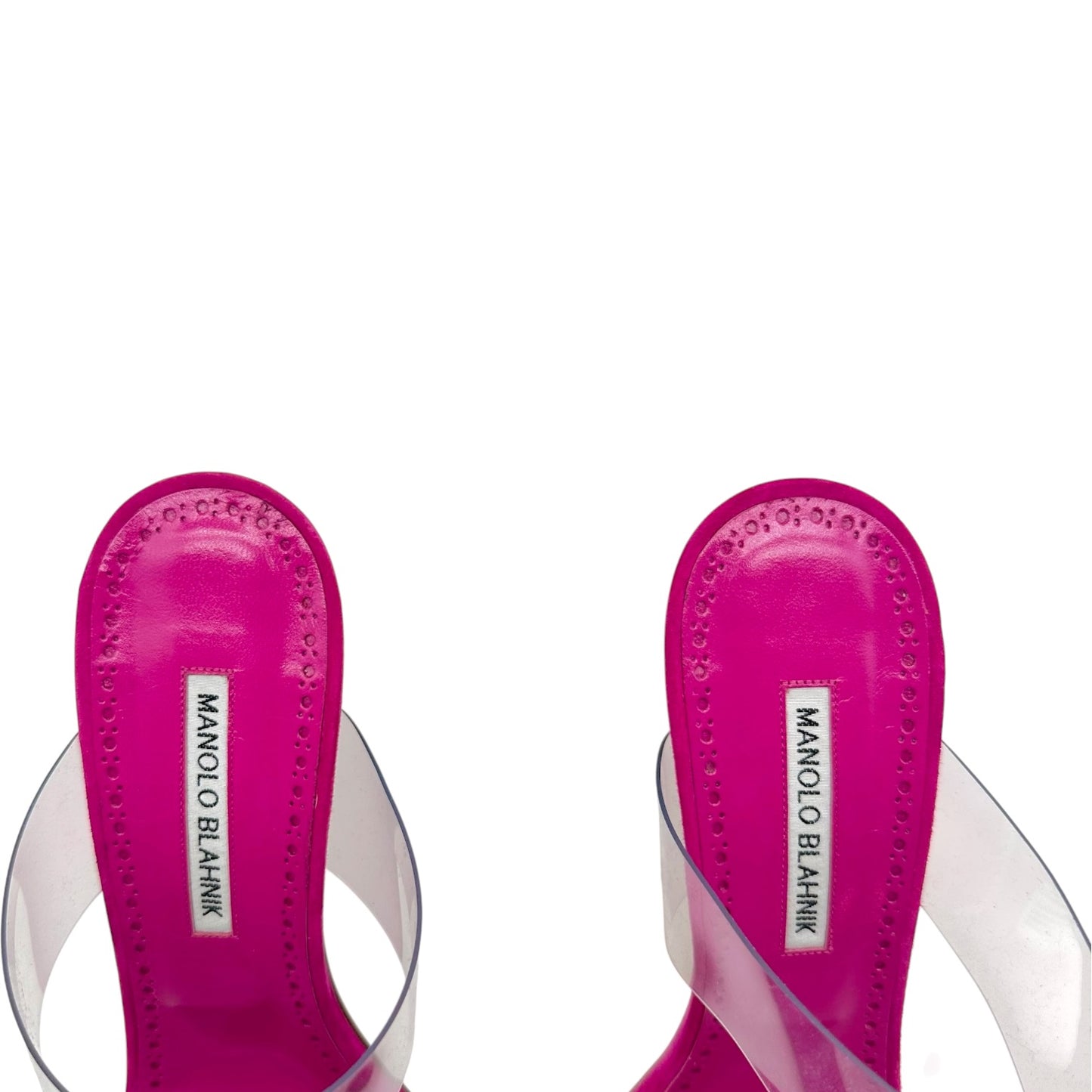 Manolo Blahnik Hot Pink Suede & Clear PVC Sandal Heels