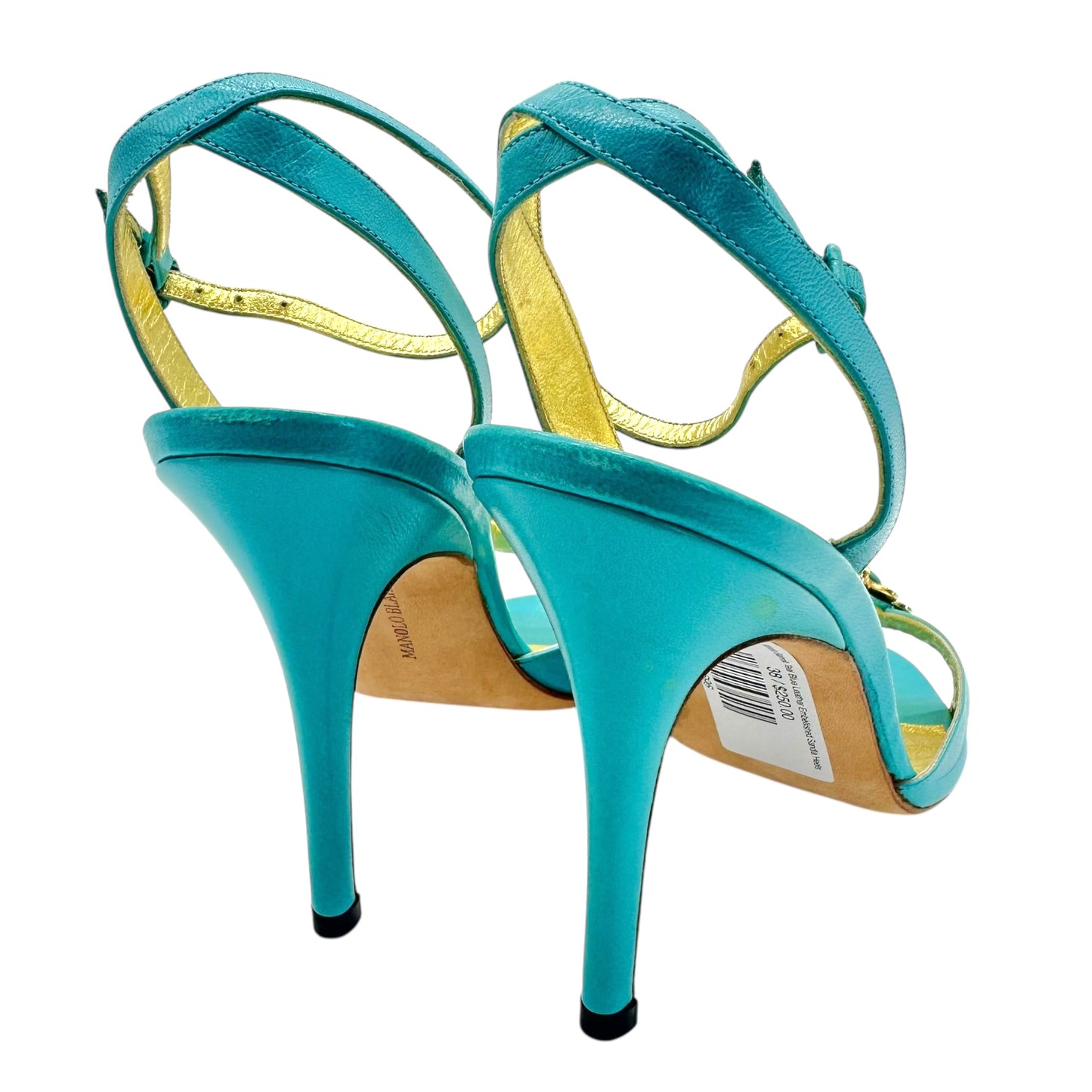 Manolo Blahnik Teal Blue Leather Embellished Sandal Heels