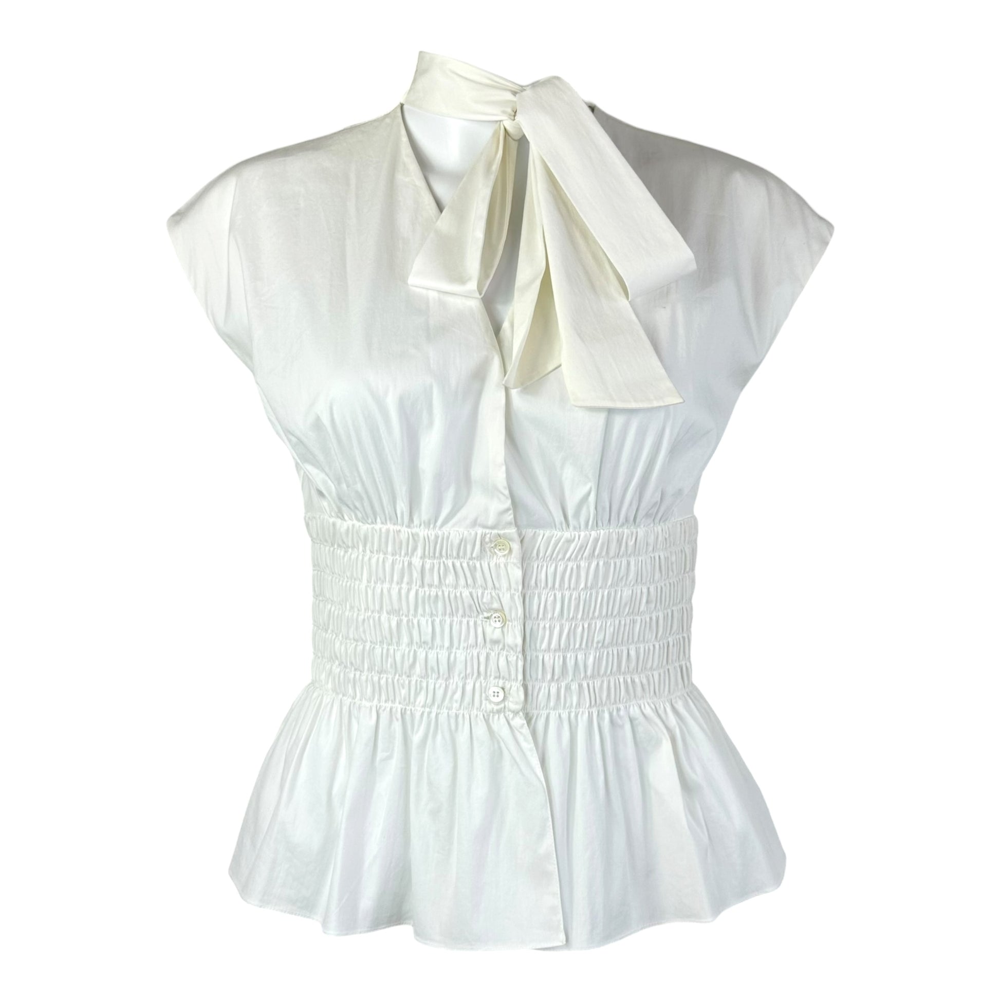 Christian Dior White Cinch Waist Tie Neck Blouse