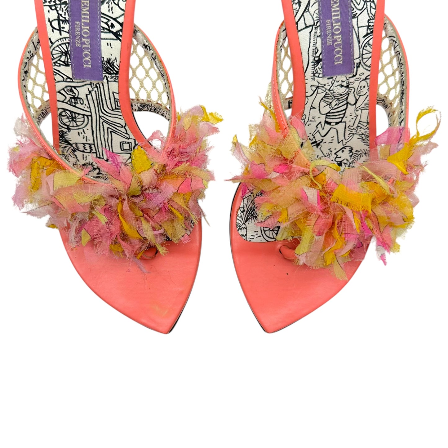 Emilio Pucci Light Pink & Yellow Silk Fringe Trim Heeled Flip Flops