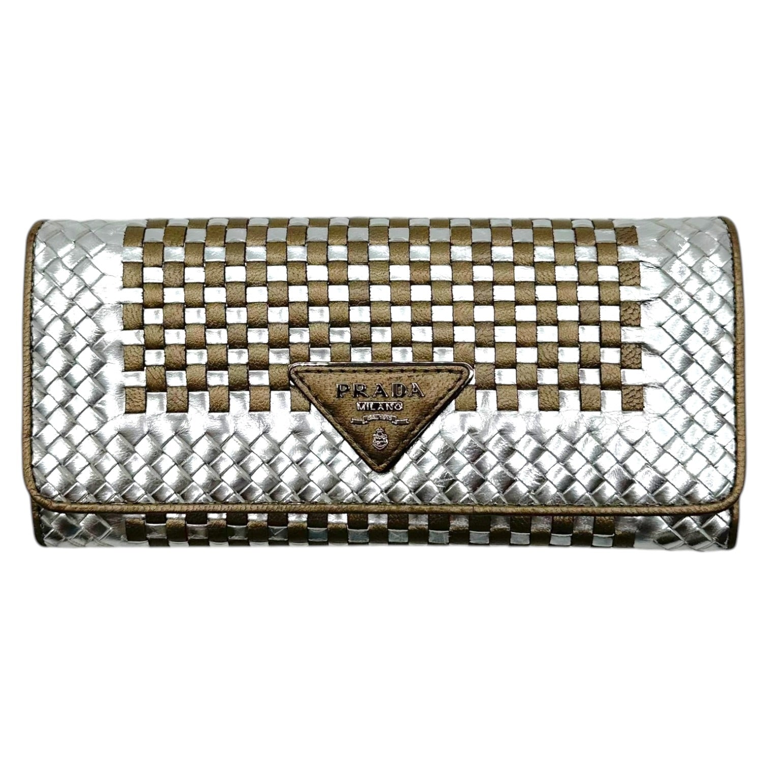 Prada Woven Long Wallet Metallic Silver Gold