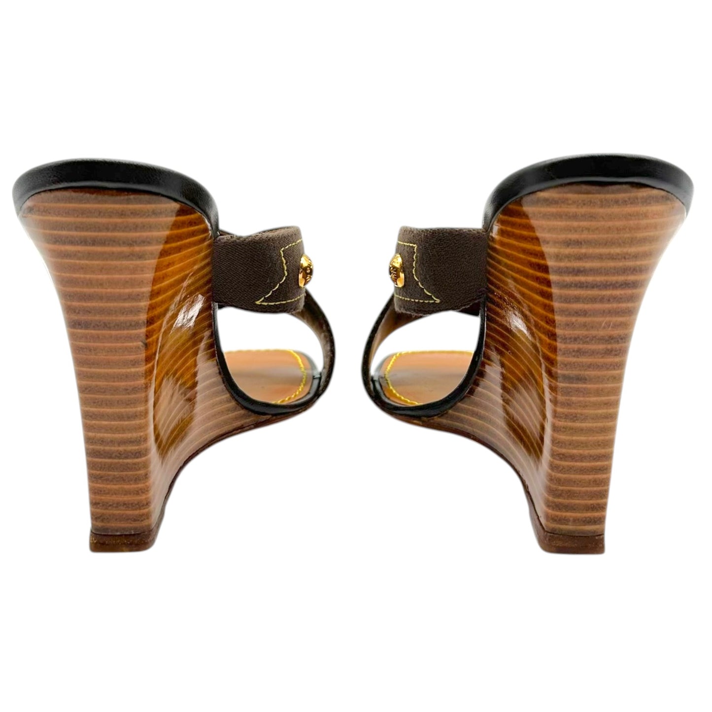 Louis Vuitton Gold Studded Cross Front Wooden Mule Heels - Outfit Repeater