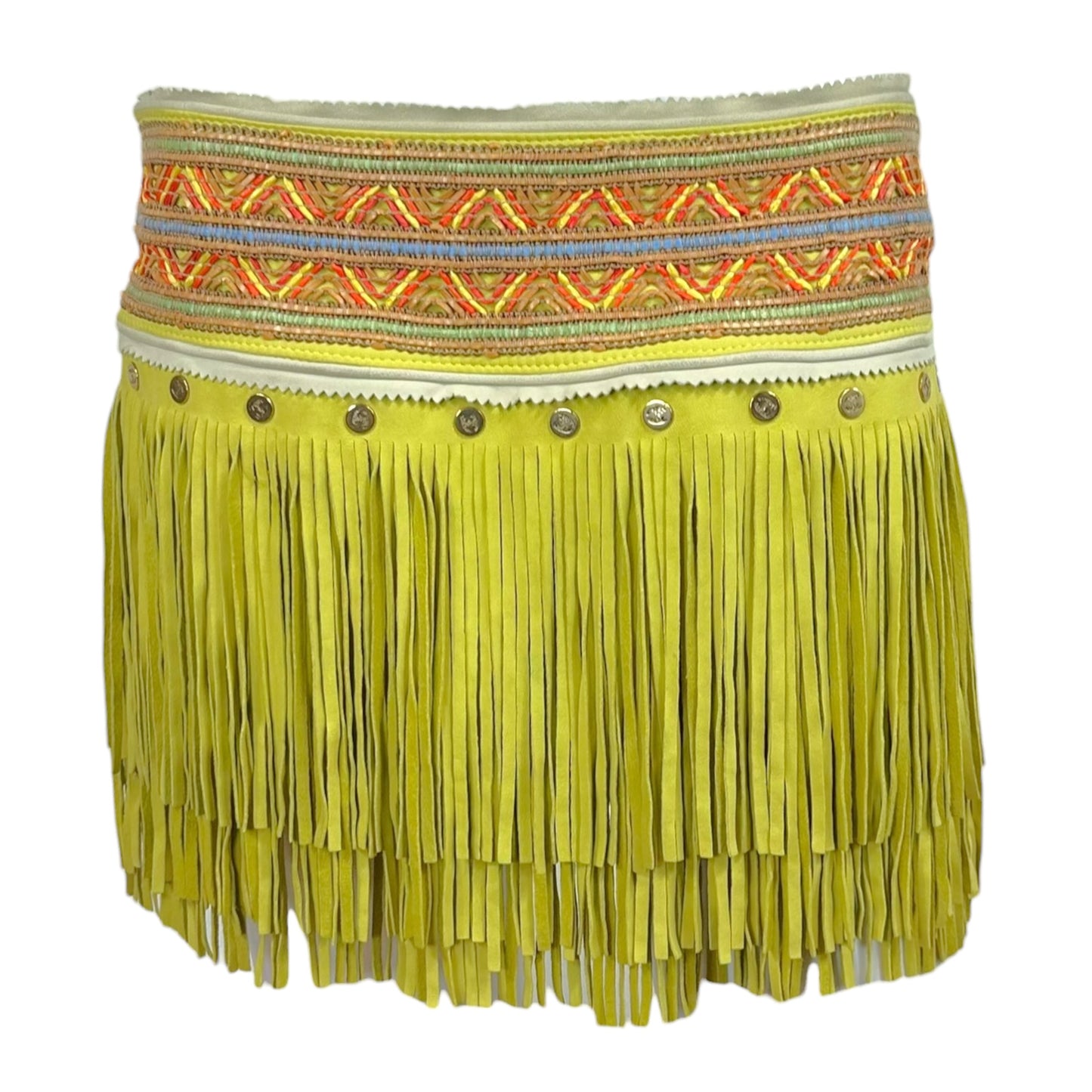 Just Cavalli Roberto Cavalli Bright Yellow Multicolor Suede Fringe Mini Skirt