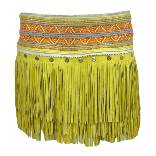 Just Cavalli Roberto Cavalli Bright Yellow Multicolor Suede Fringe Mini Skirt