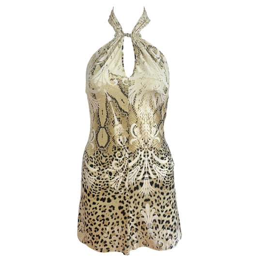 Roberto Cavalli 2006 Ivory & Tan Leopard Print Convertible Halter Mini Dress