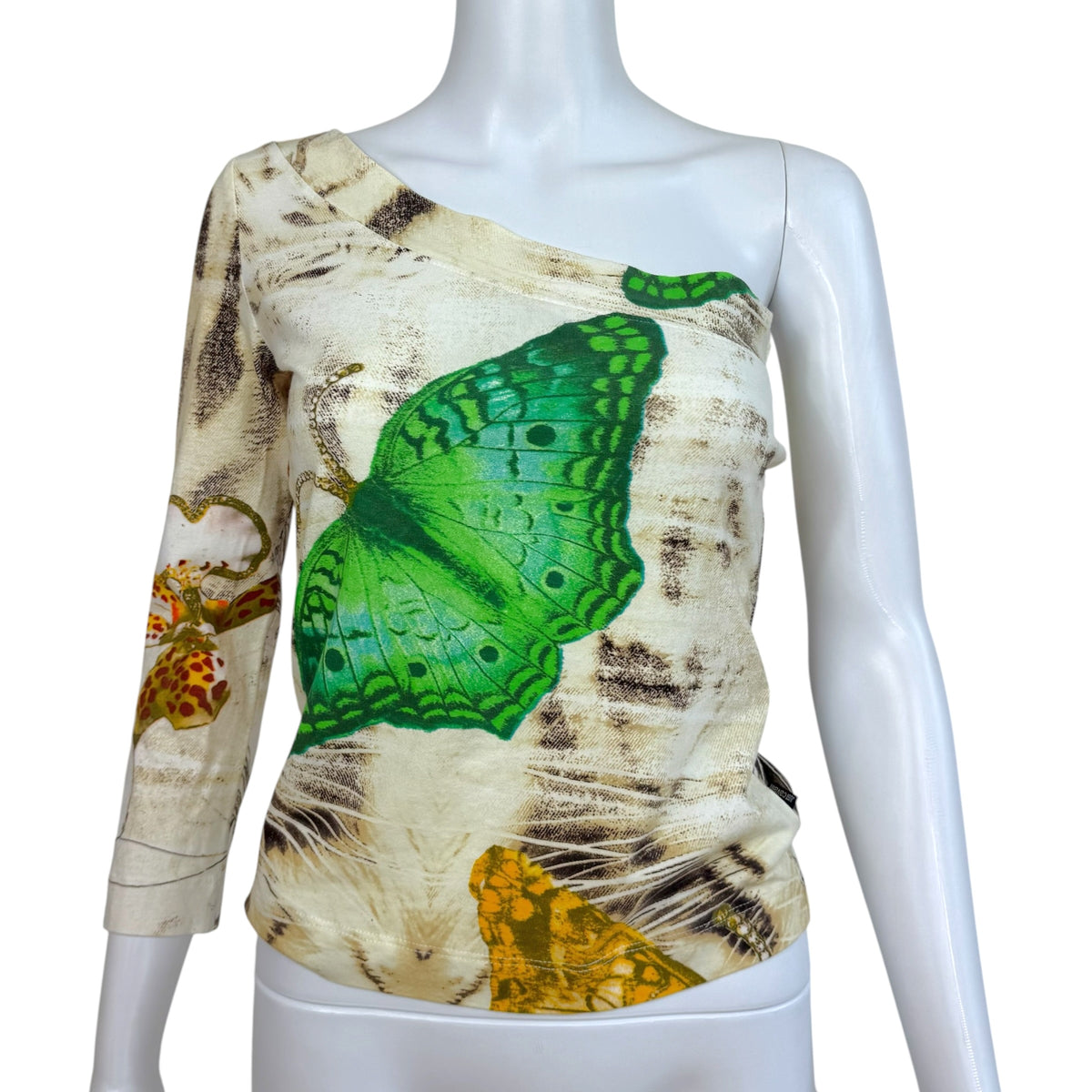 Just Cavalli Roberto Cavalli Butterfly Print One Shoulder Asymmetrical Top