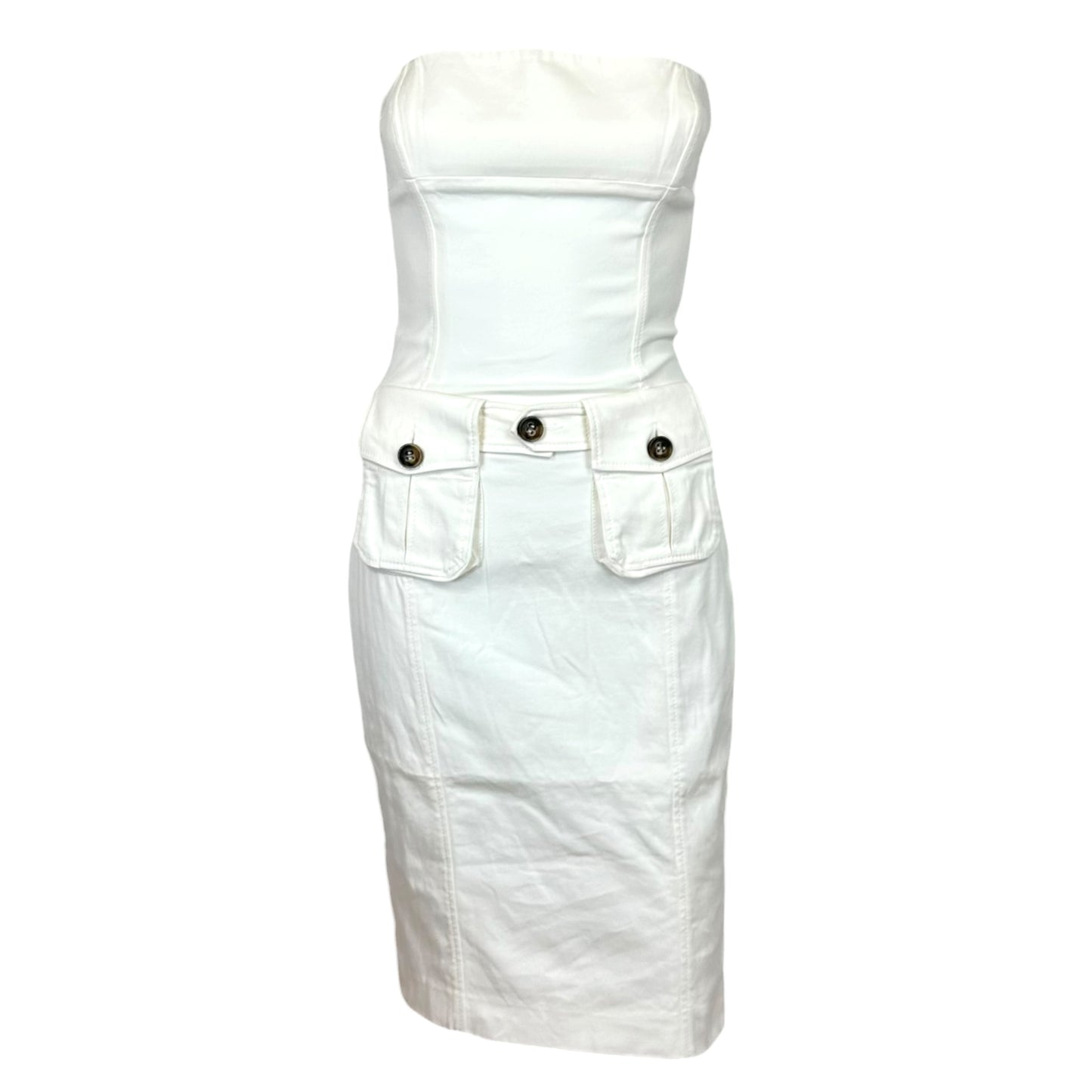 Dsquared2 White Strapless Corseted Pocket Front Midi Dress