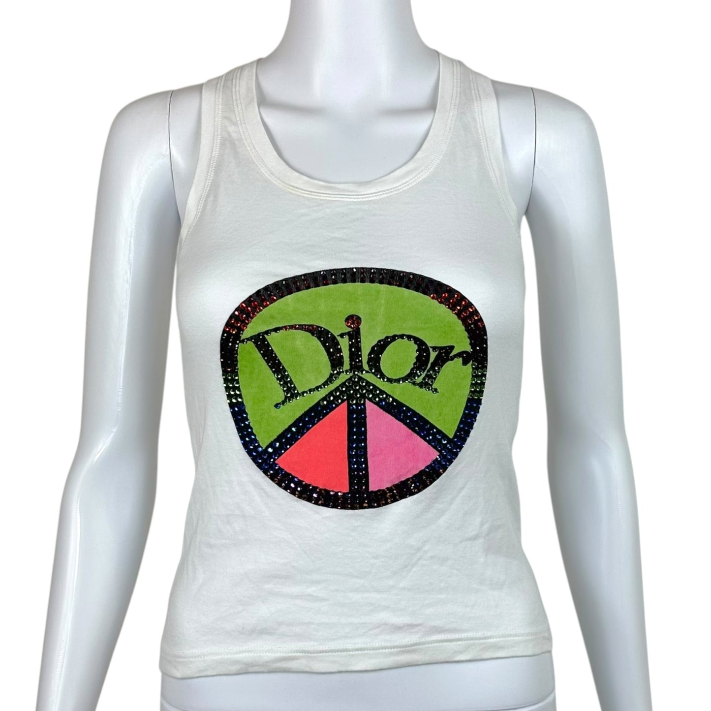 Christian Dior White Multicolor Rhinestone Peace Sign Tank