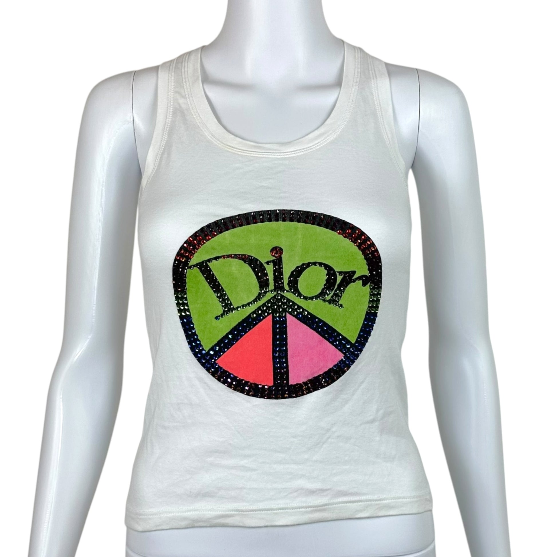 Christian Dior White Multicolor Rhinestone Peace Sign Tank