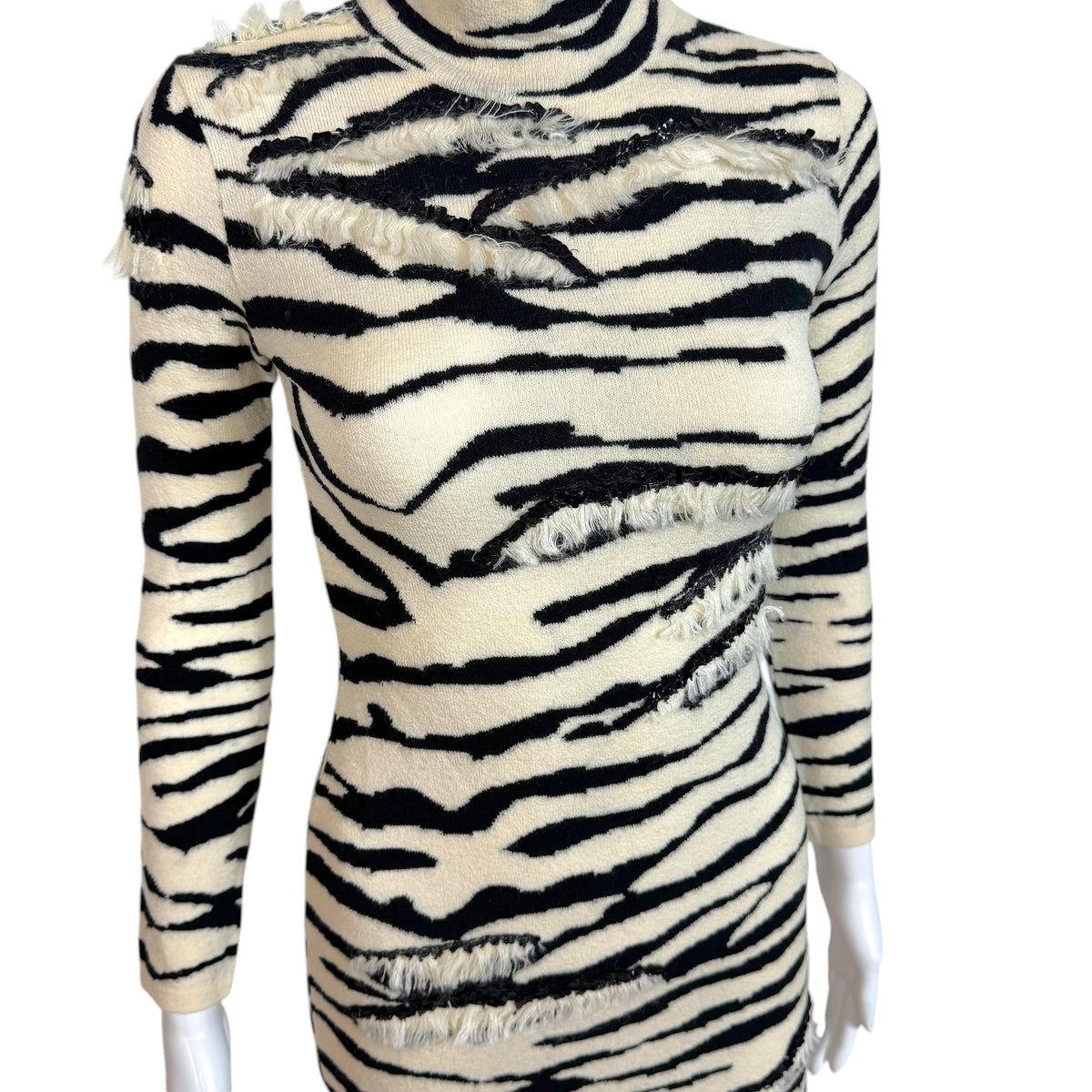 Blumarine Zebra Print Knit & Sequin Mock Neck Mini Dress