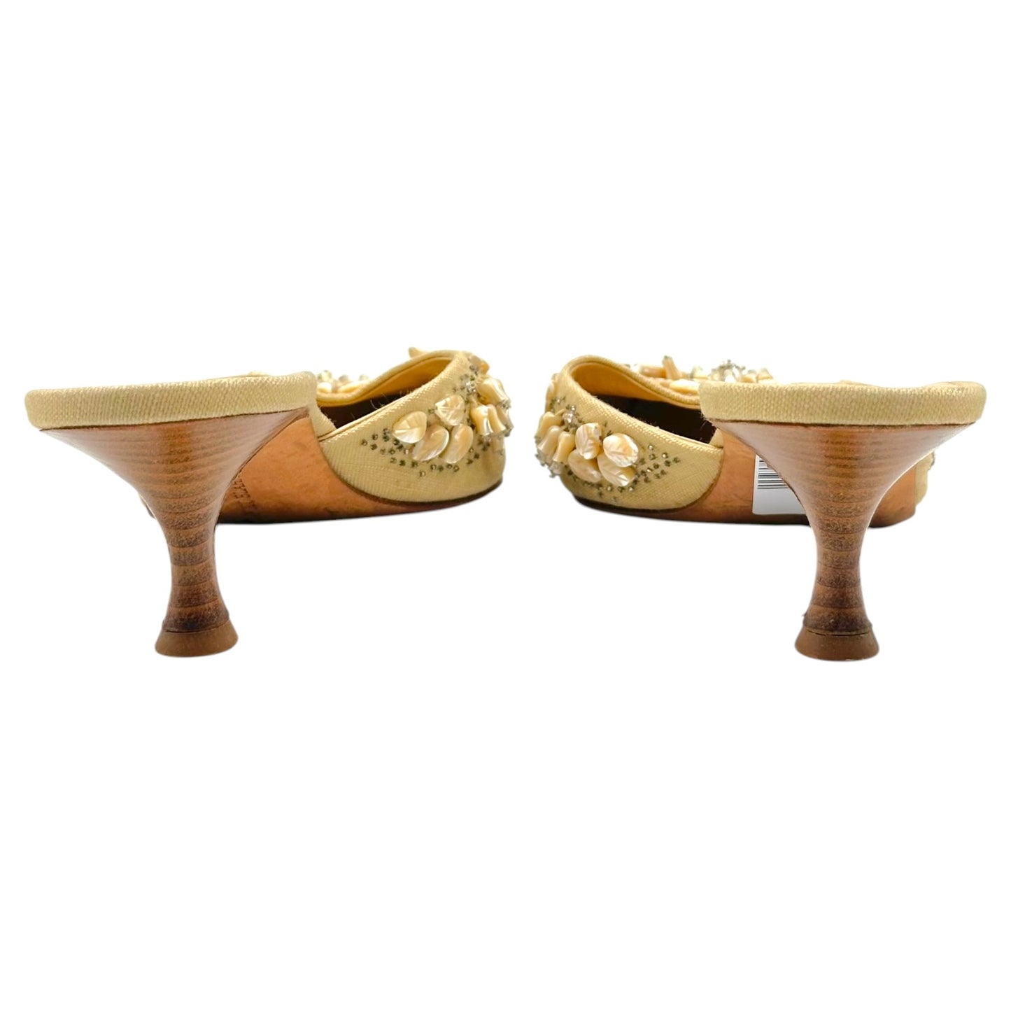 Manolo Blahnik Beige & Mother of Pearl Beaded Kitten Heel Mules