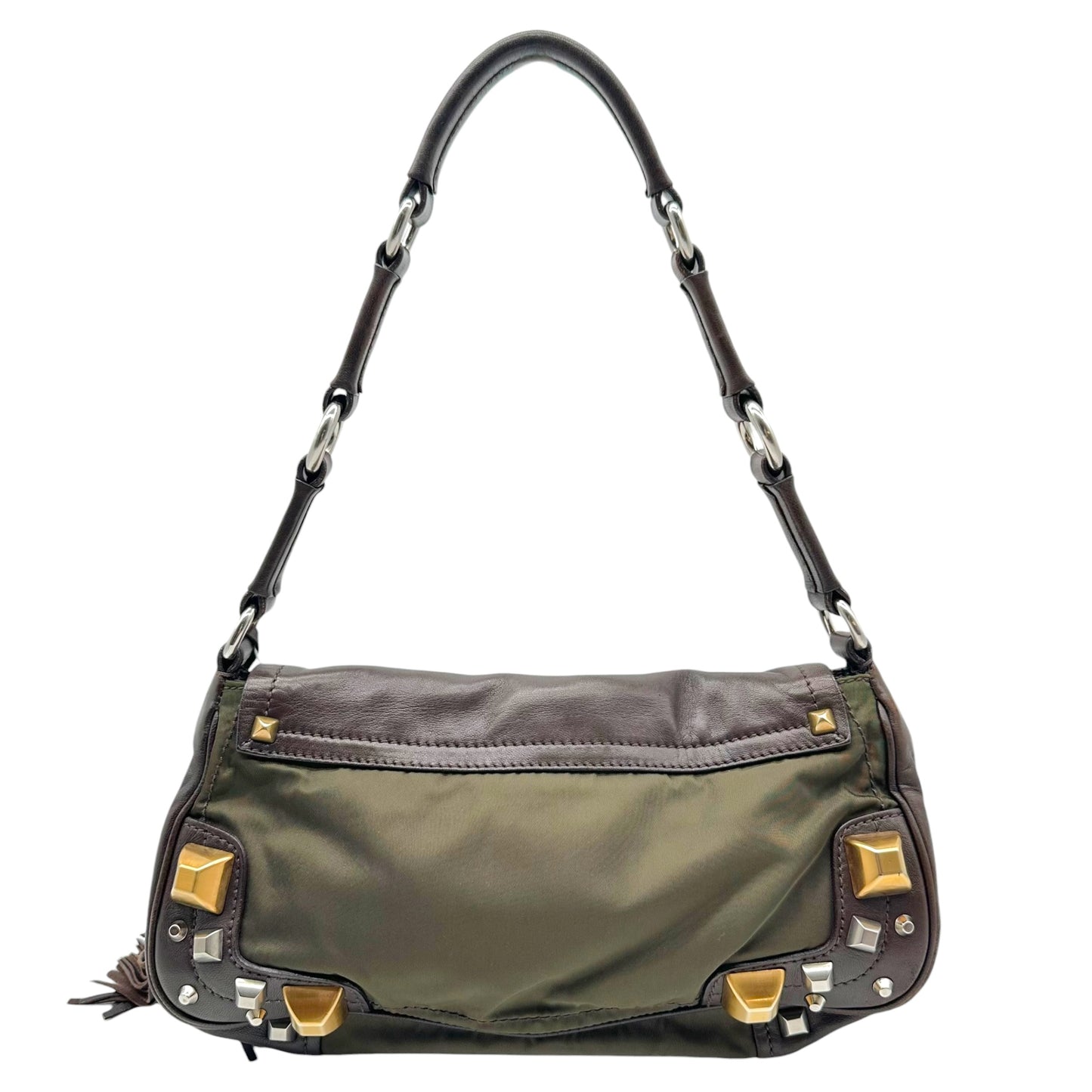 Prada Brown Leather Canvas Studded Shoulder Bag
