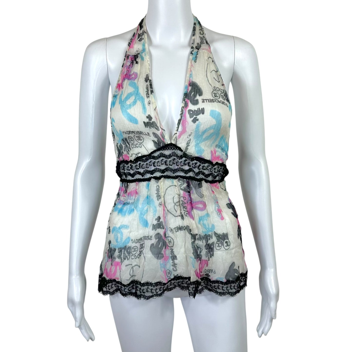 Chanel Cruise 2007 Sheer Silk Graffiti Print Silk & Lace Halter Top