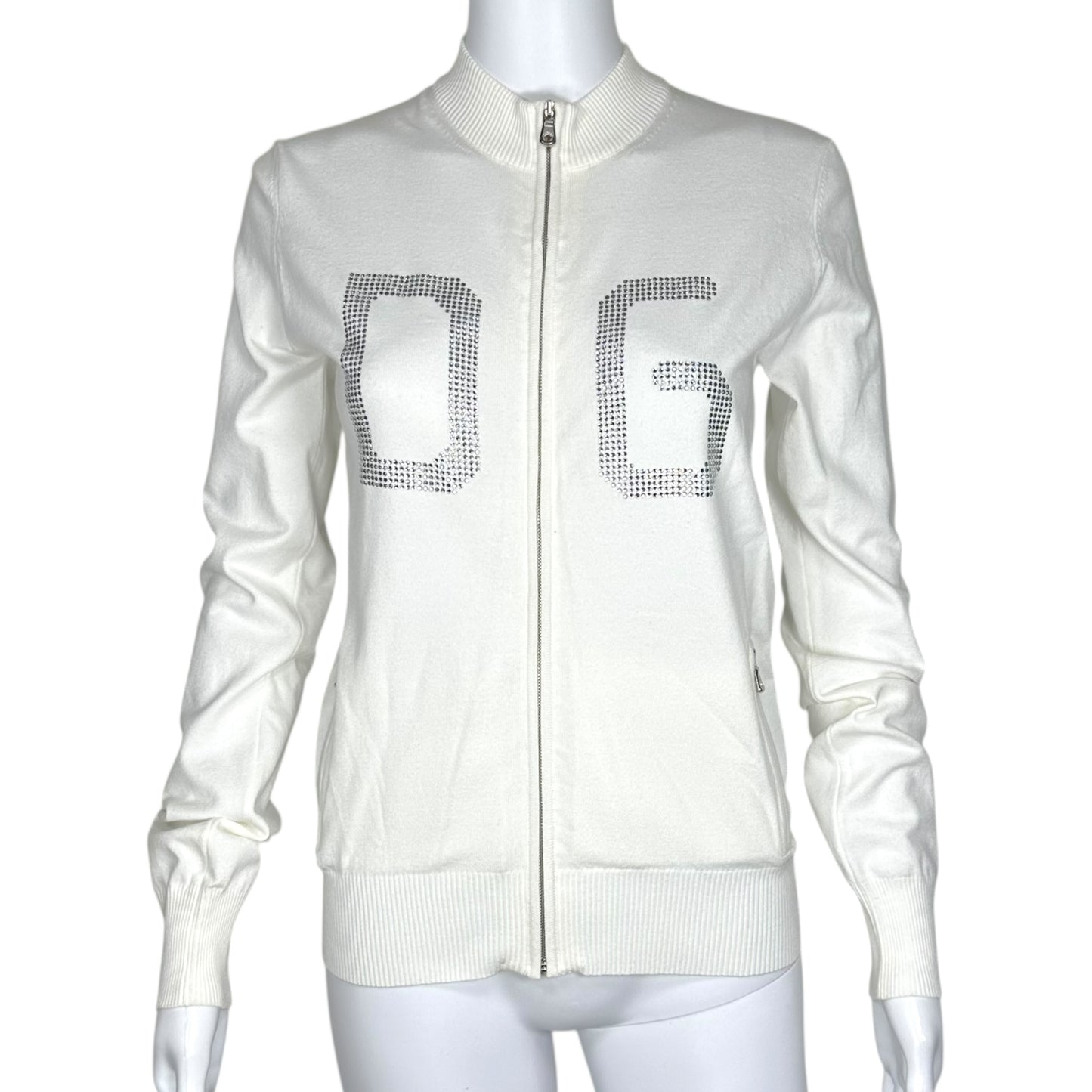 Dolce & Gabbana White Knit Rhinestone Logo Zip Up Cardigan NEW