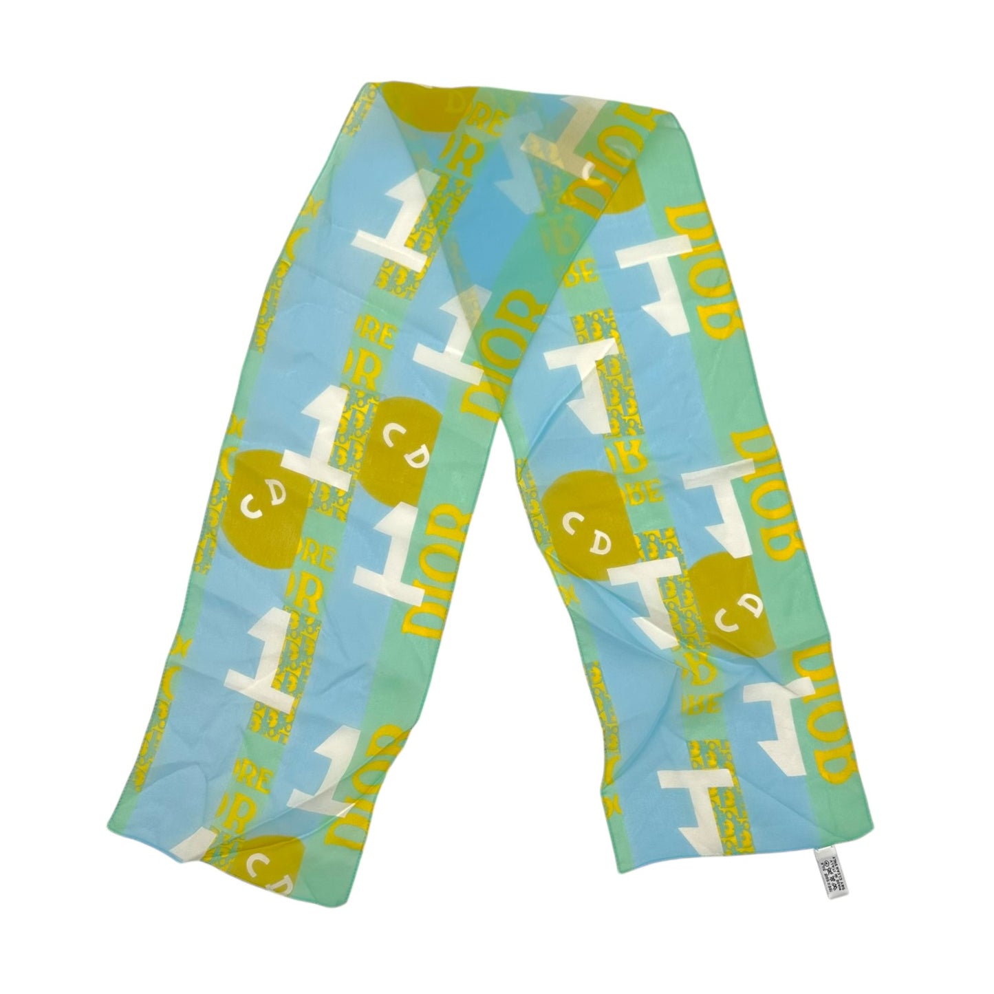 Christian Dior Turquoise & Yellow Logo Print Silk Scarf