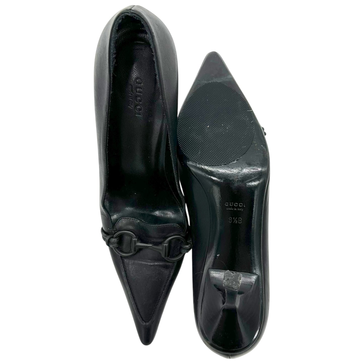 Gucci Black Leather Pointed Toe Horsebit Heels