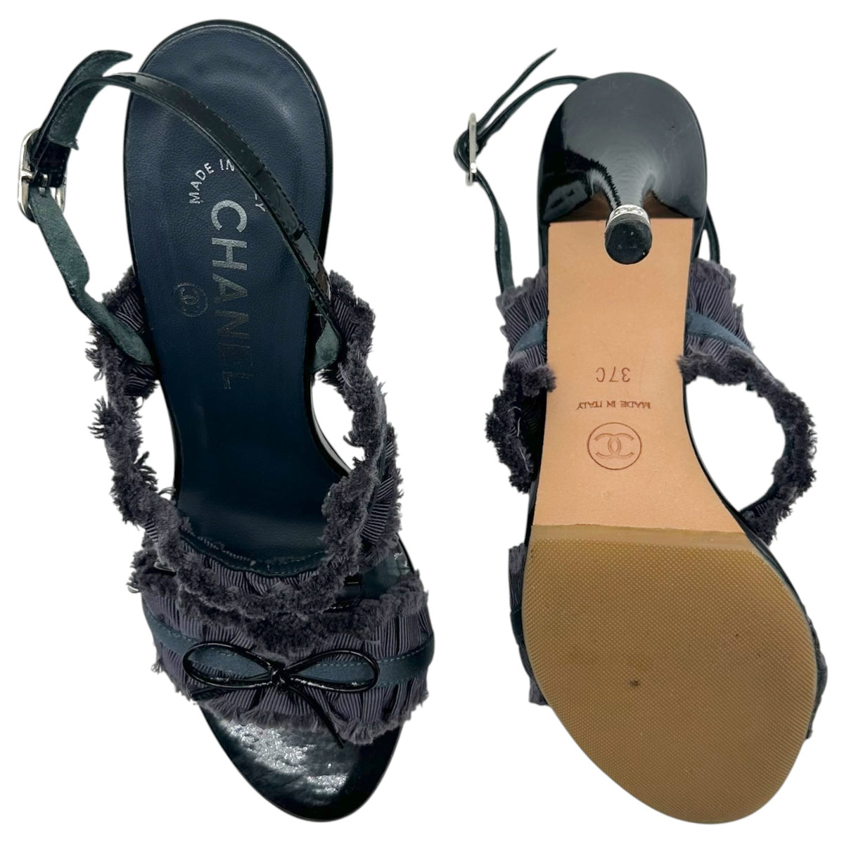 Chanel Dark Gray Ruffle & Bow Sandal Heels
