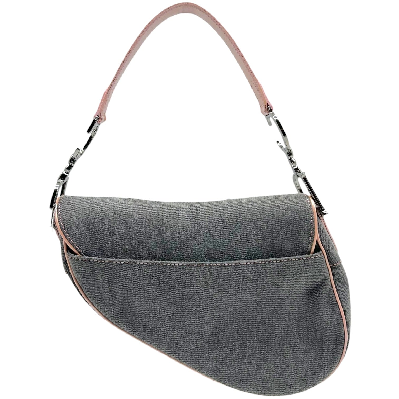 Christian Dior Saddle Shoulder Bag Gray Denim Pink Leather