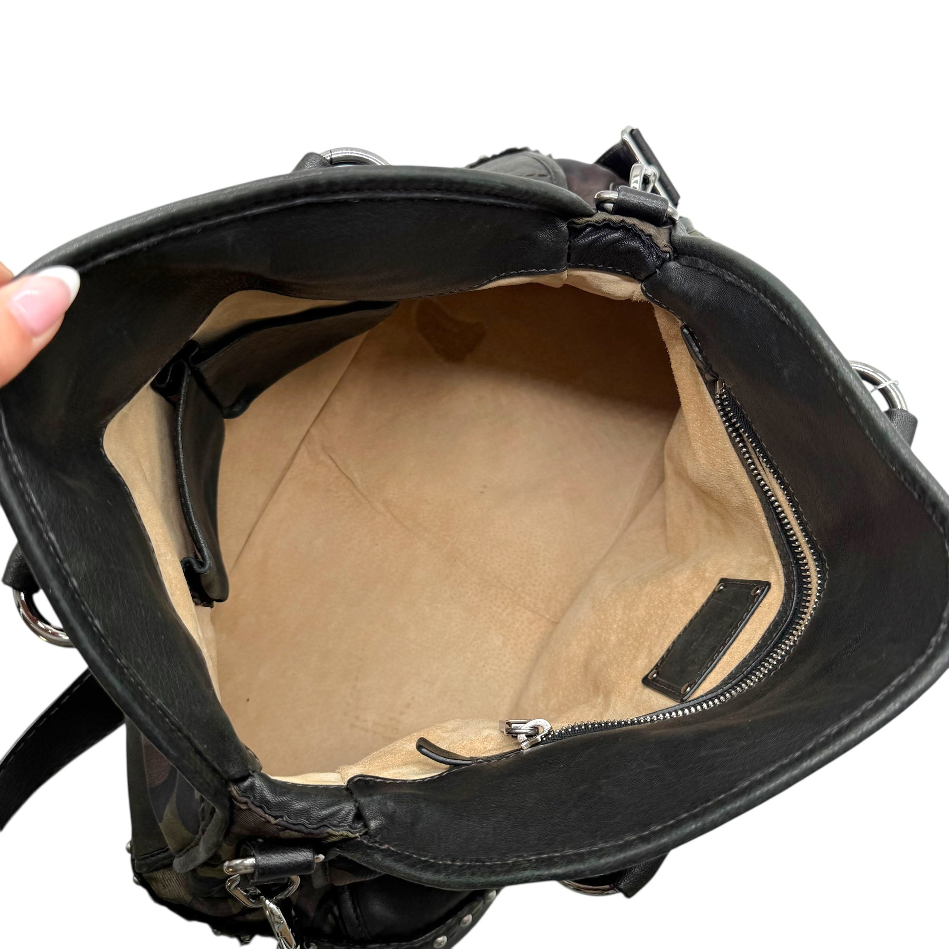 Prada Camouflage & Leather Studded 2-Way Hobo Bag - Outfit Repeater