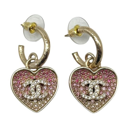 Chanel Gold Pink Crystal CC Heart Logo Hoop Earrings