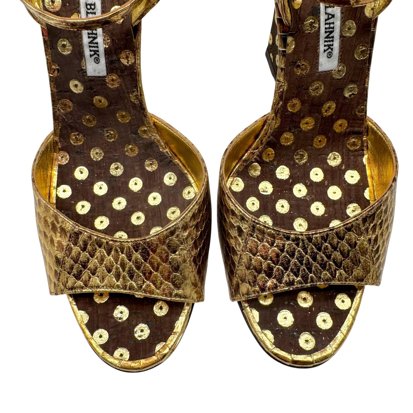 Manolo Blahnik Gold Python & Brown Cork Polka Dot Wedge Sandal Heels