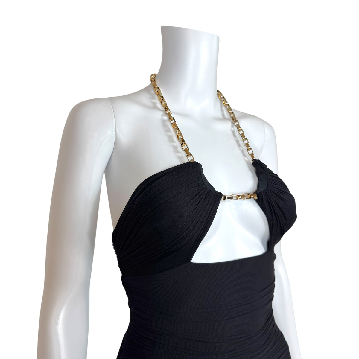 Dsquared2 Black Ruched Halter Mini Dress with Gold Chain