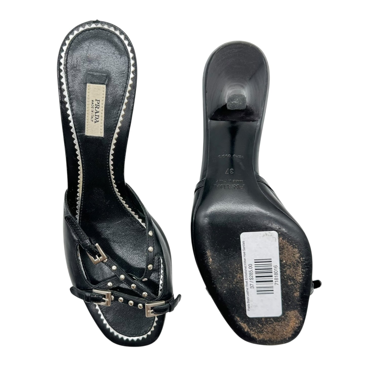 Prada Black Leather Rivet Embellished Kitten Heel Sandals