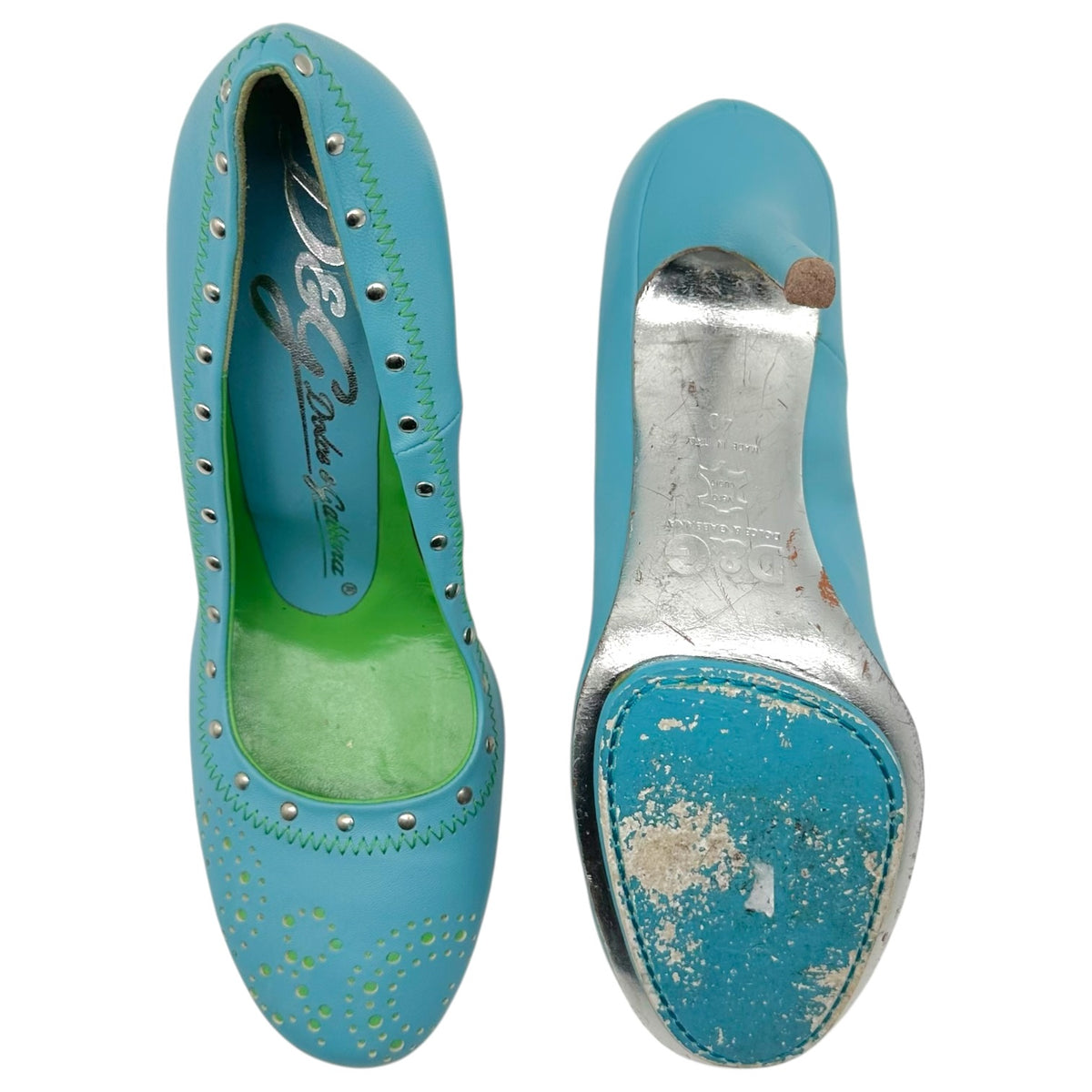 D&G Dolce & Gabbana Turquoise & Green Studded Logo Heels