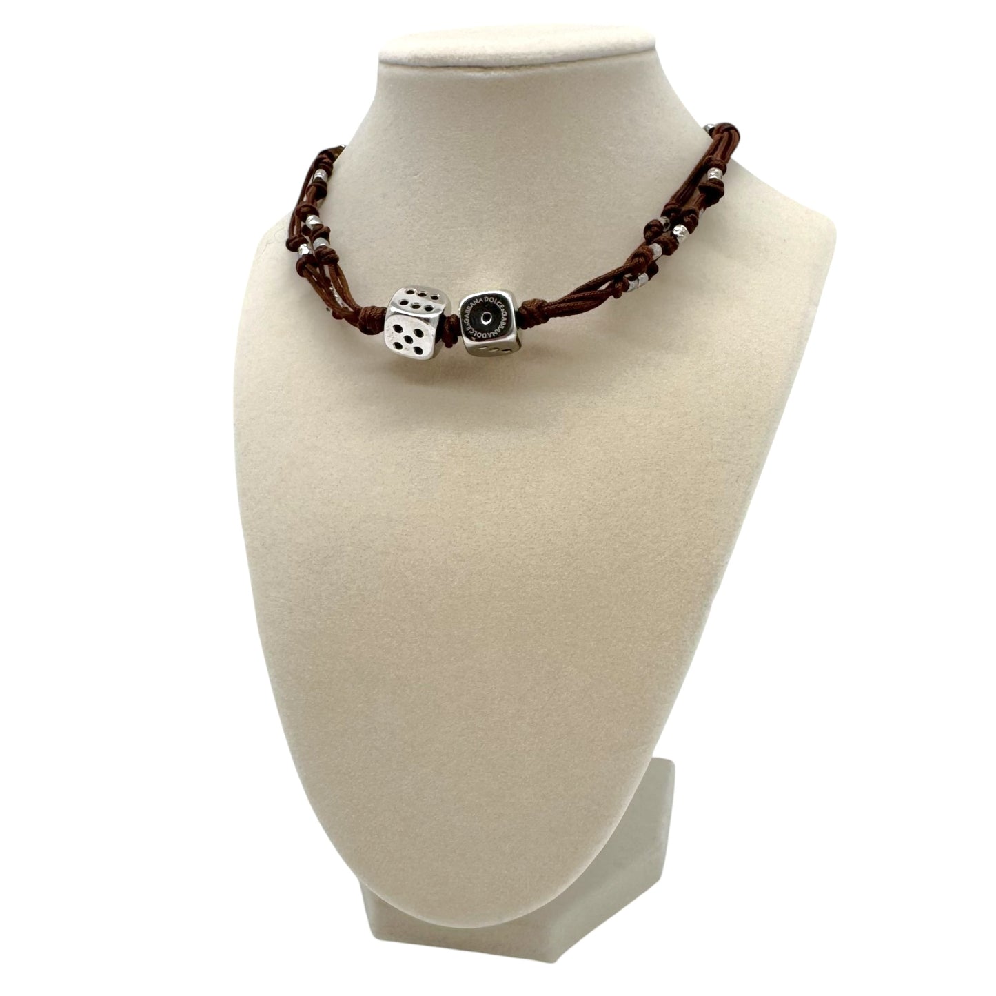 Dolce & Gabbana Brown Leather Silver Dice Choker Necklace