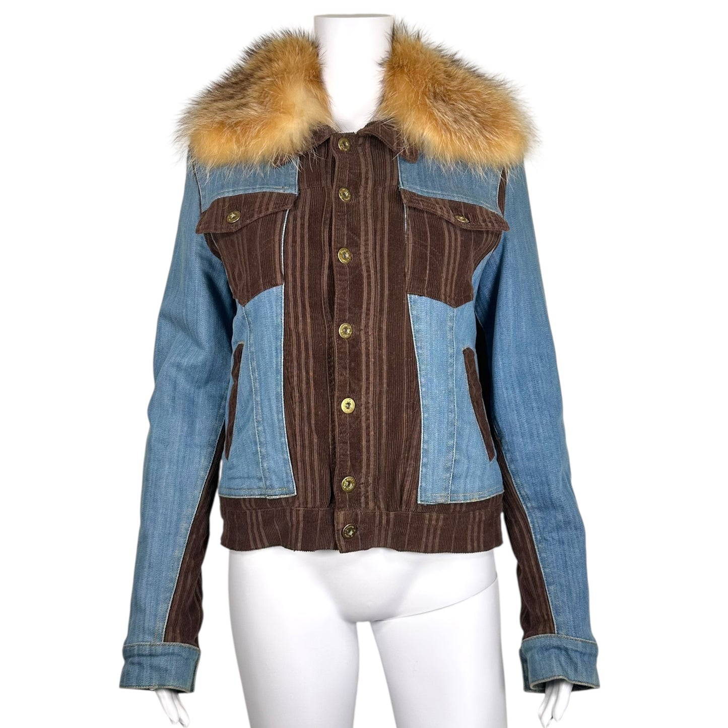 D&G Dolce & Gabbana Corduroy and Denim Fox Fur Trim Jacket