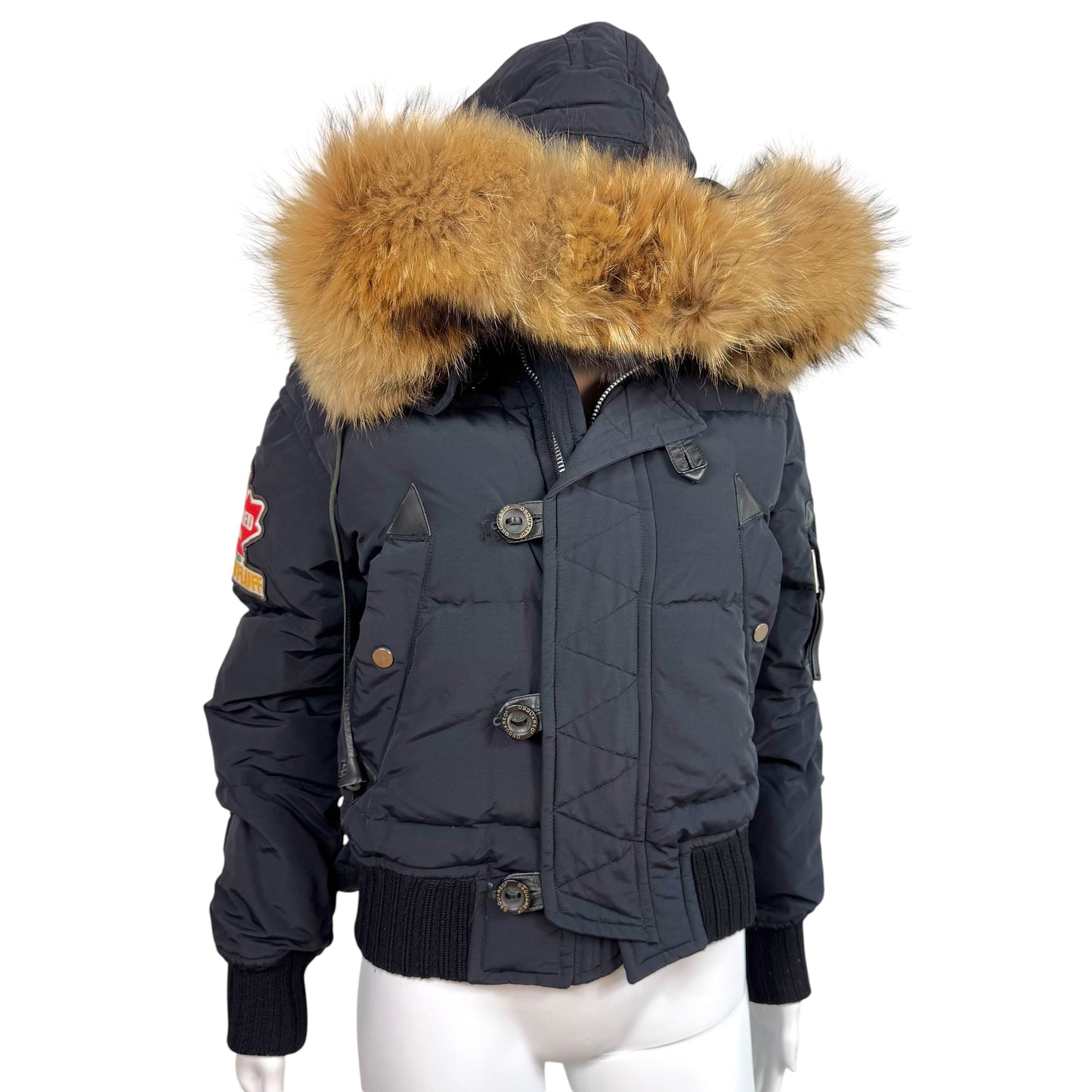 Dsquared2 Black Fox Fur Trim Hood Logo Patch Down Fill Puffer Coat