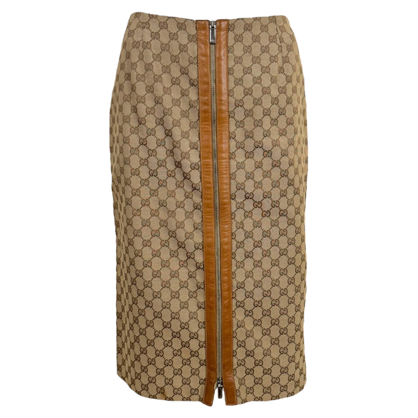 Gucci by Tom Ford 2000 Tan Monogram Canvas & Leather Zip-Up Midi Skirt - Outfit Repeater
