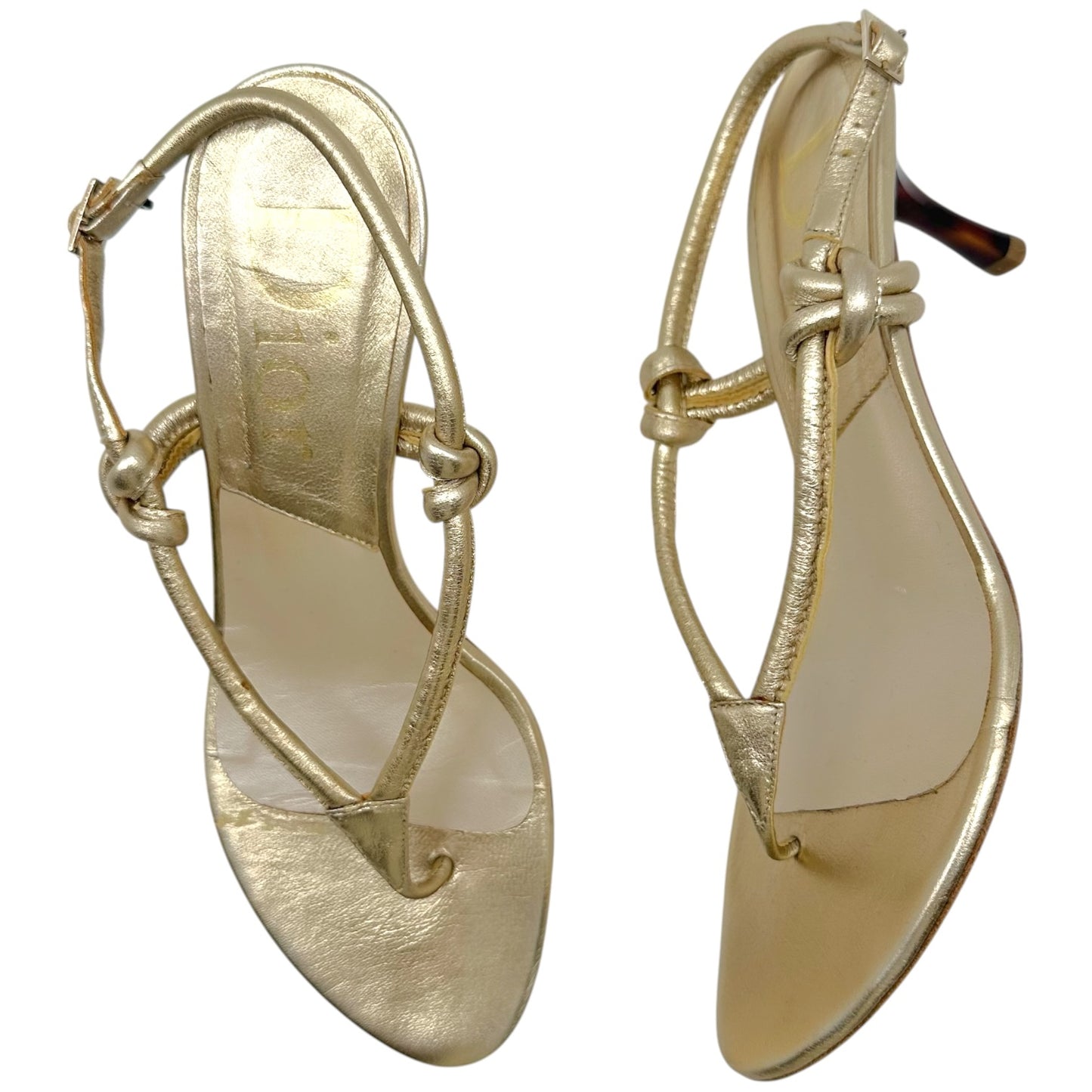 Christian Dior Gold & Tortoise Kitten Heel Thong Flip Flops