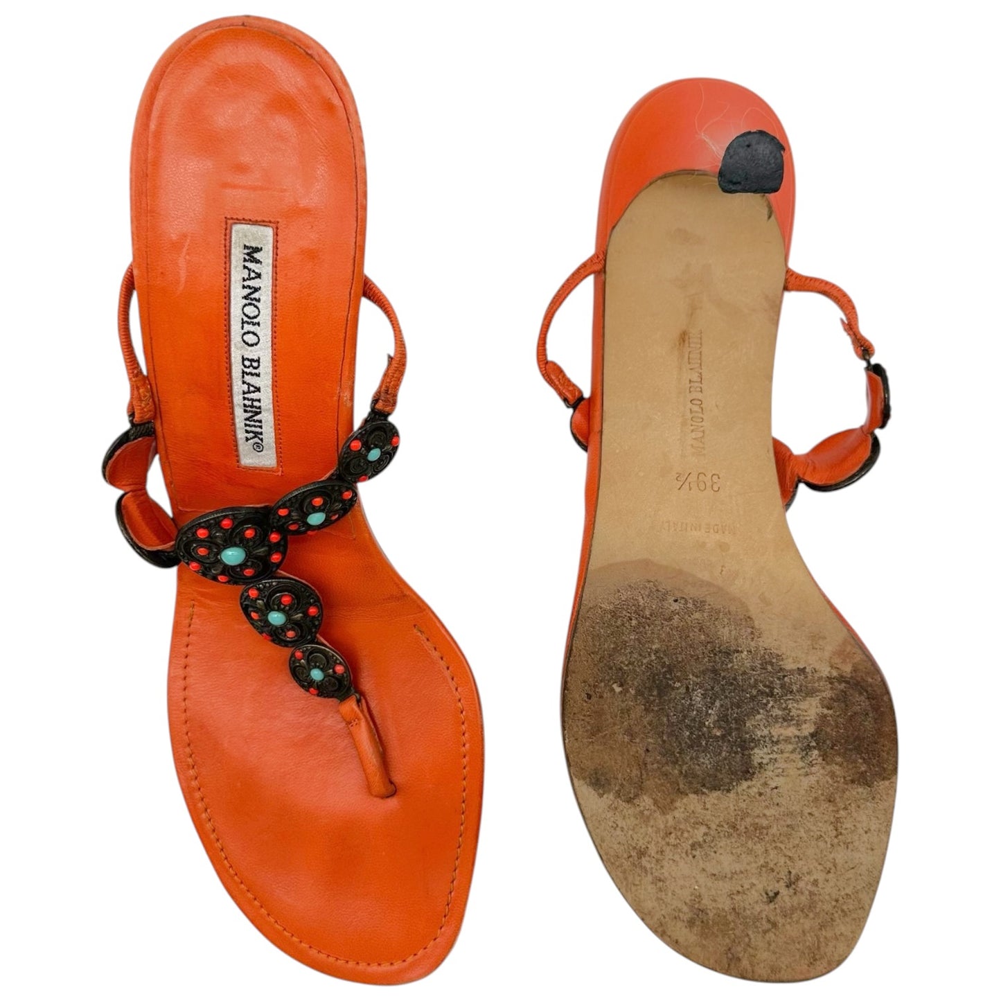 Manolo Blahnik Orange & Turquoise Beaded Kitten Heel Flip Flops