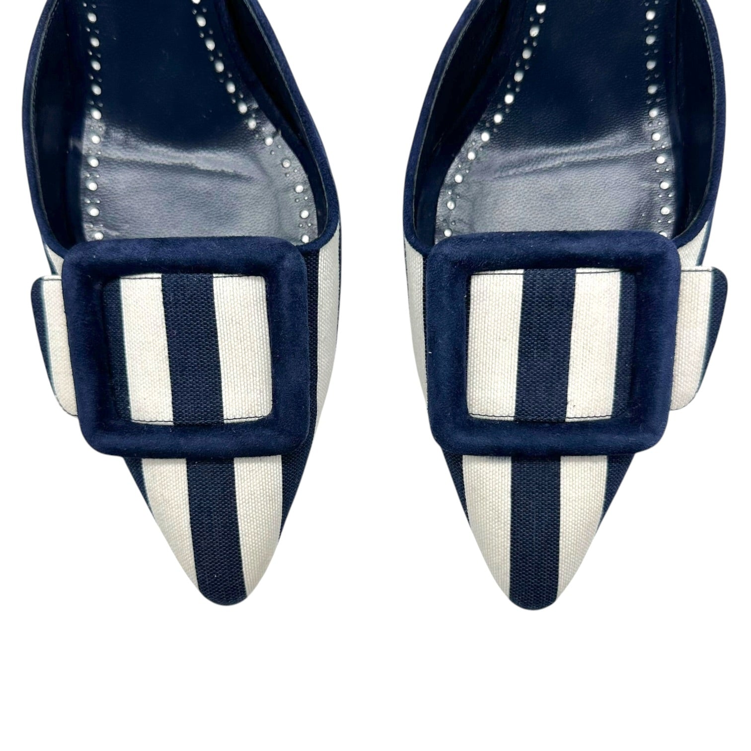 Manolo Blahnik Navy White Striped Mule Heels