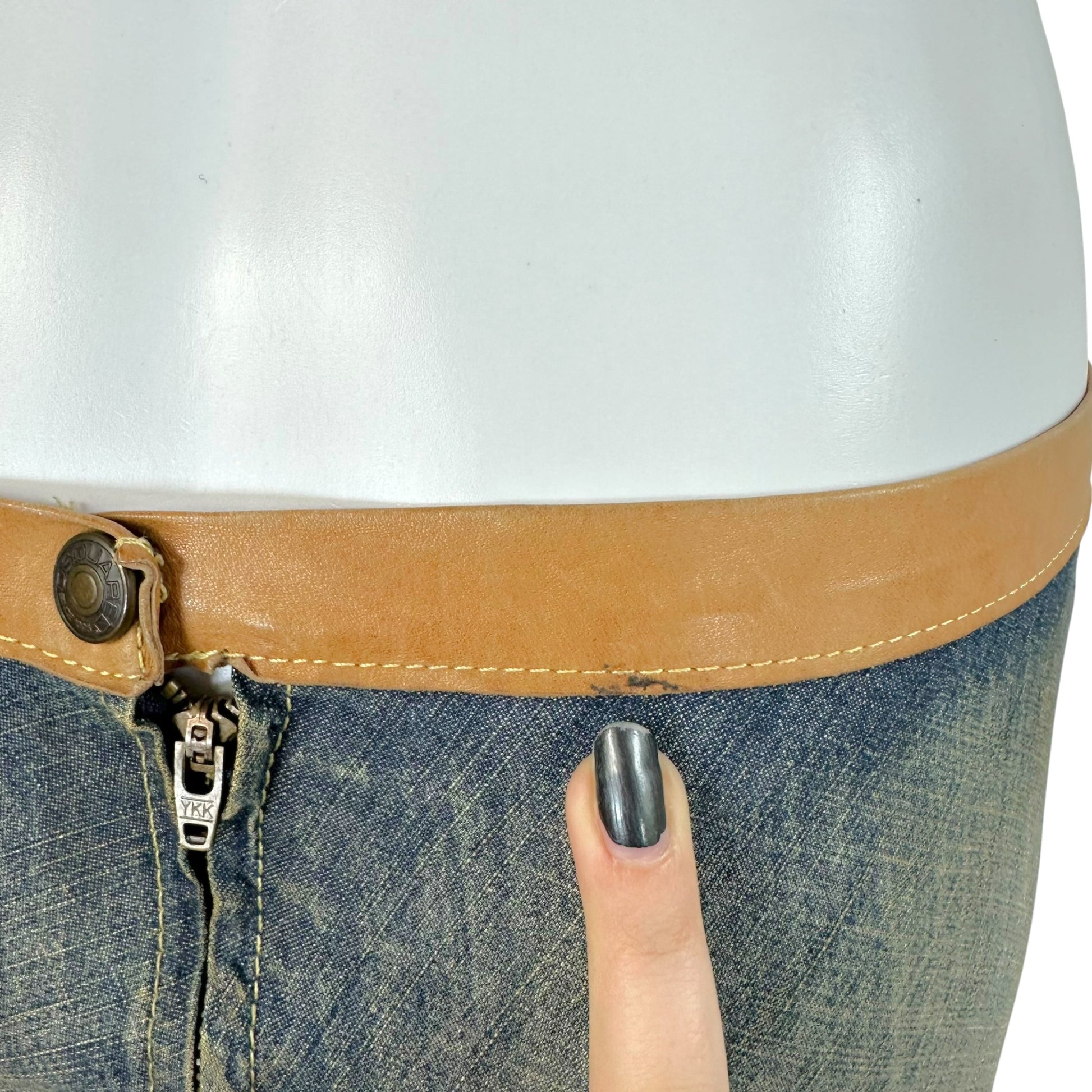 Dsquared2 Denim Tan Leather Patchwork Western Midi Skirt