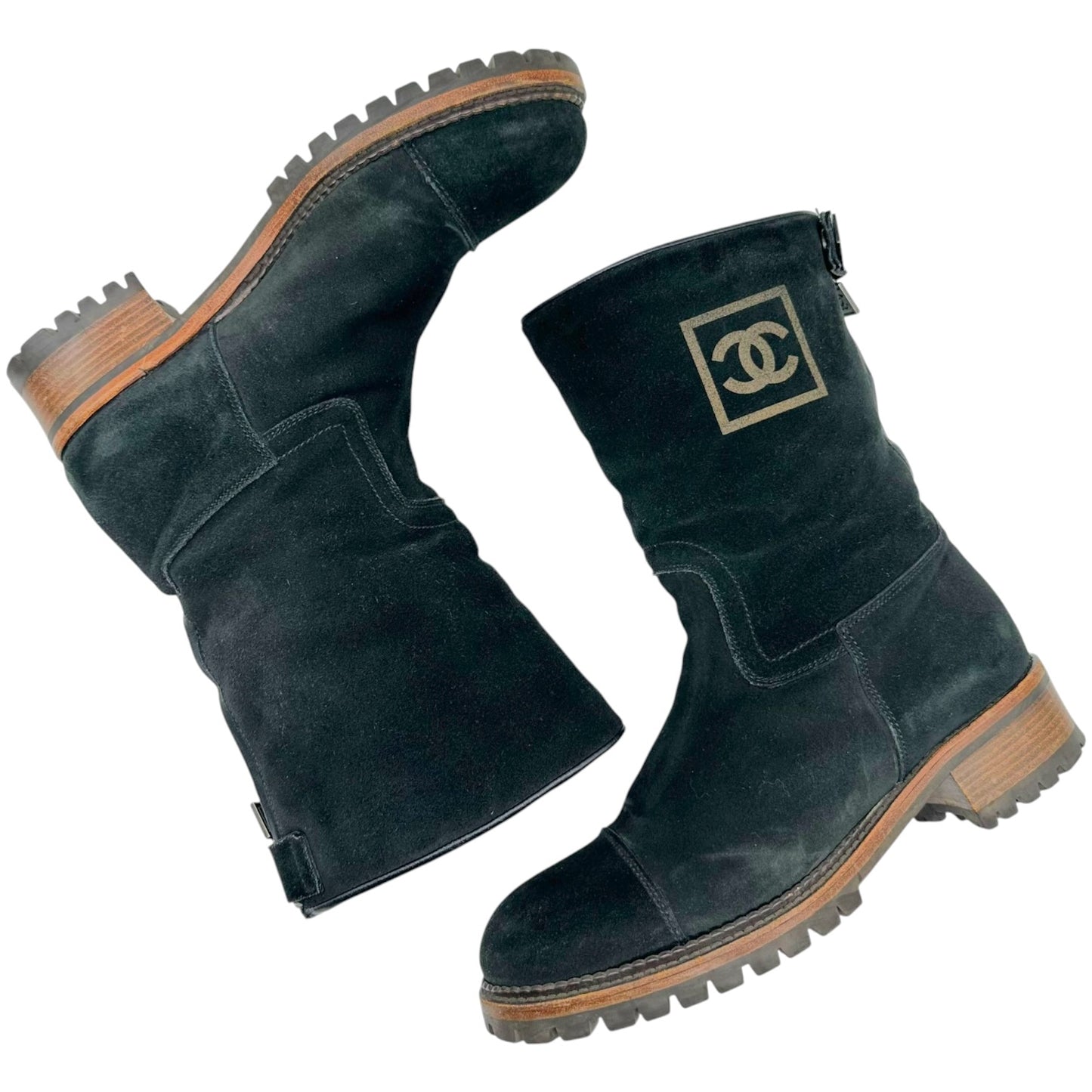 Chanel Sport Black Suede Shearling Lined Engineer Boots
