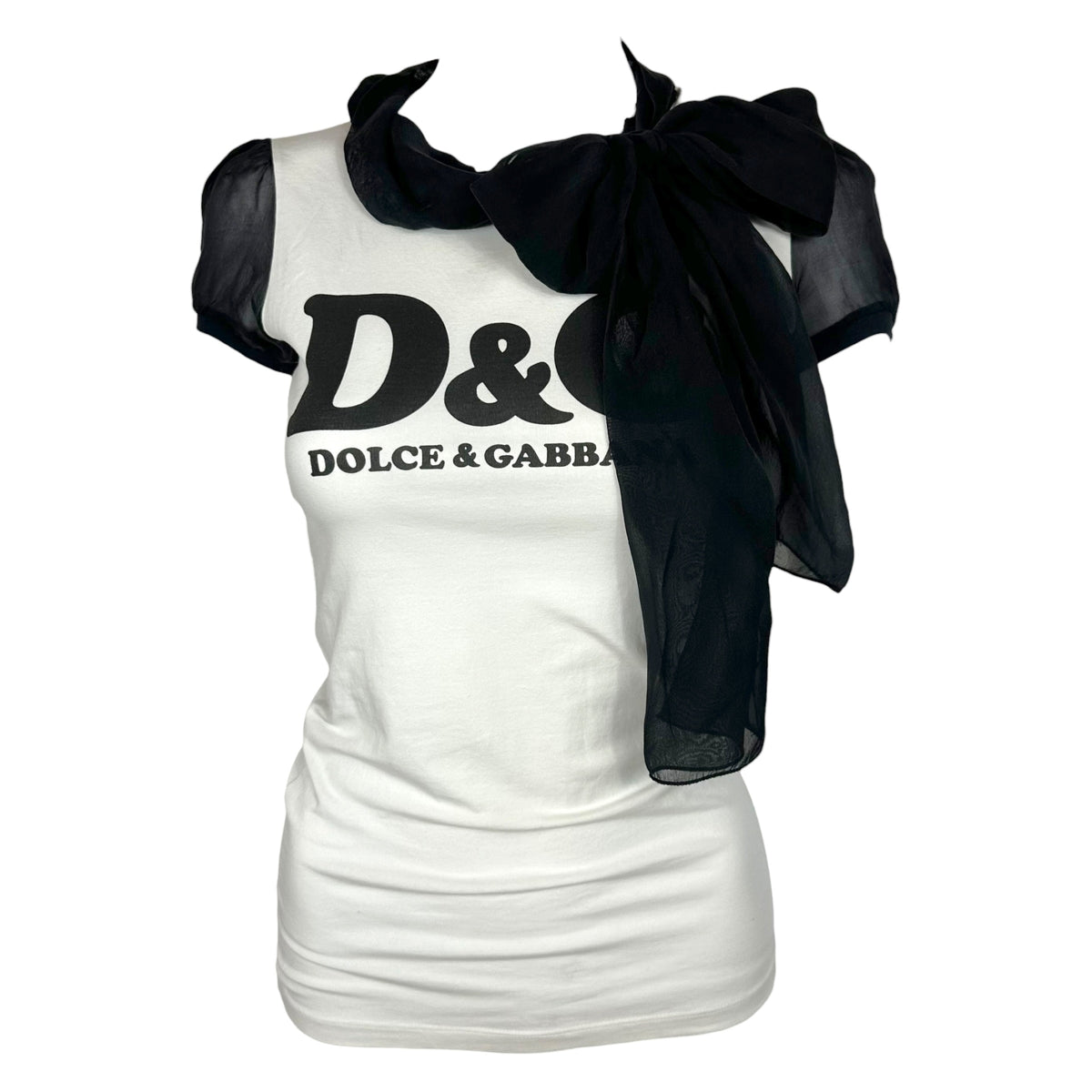 D&G Dolce & Gabbana Silk Tie-Neck Black & White Logo T-Shirt
