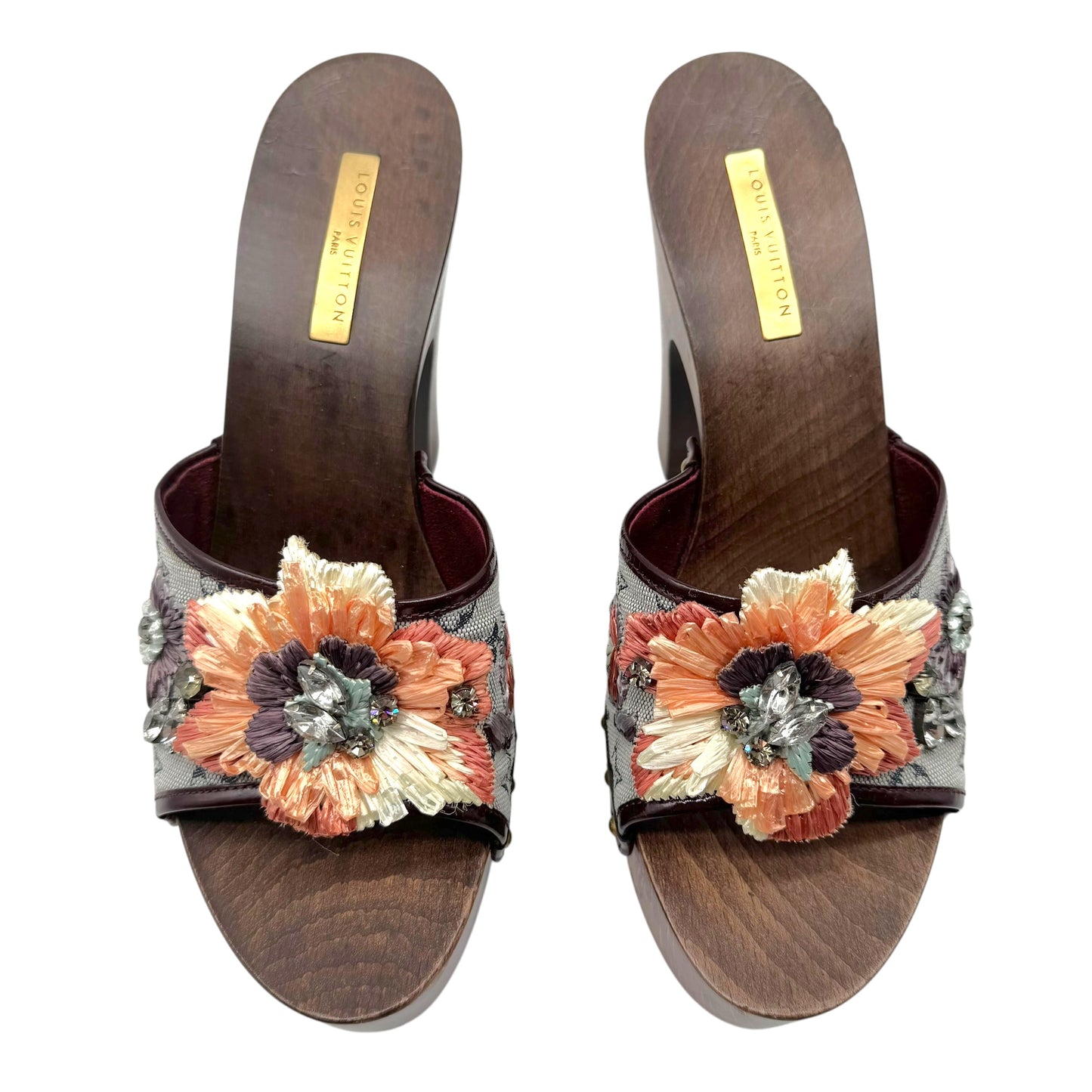 Louis Vuitton Lin Monogram & Sequin Raffia Flower Wooden Platform Heel Mules