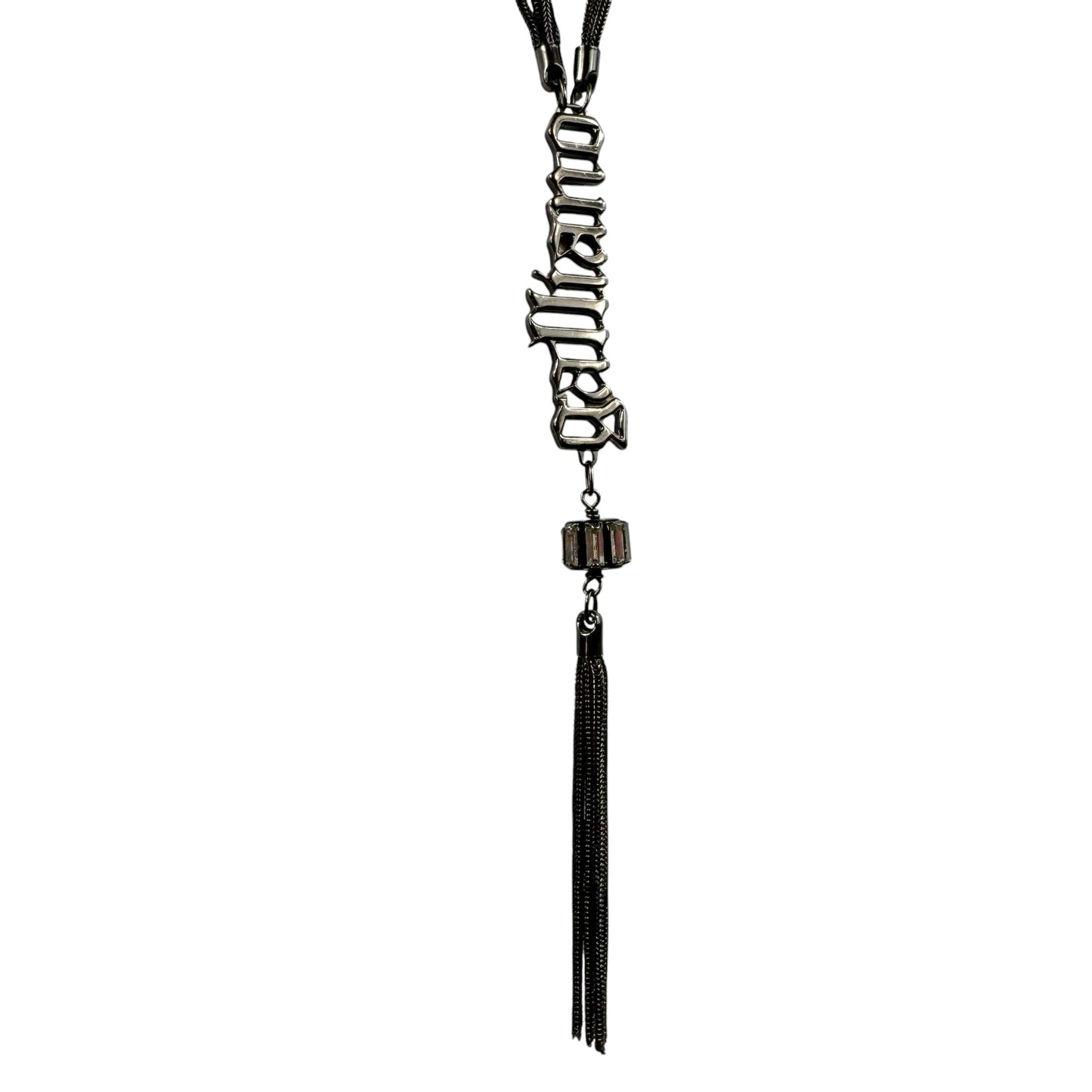 Galliano Gunmetal Gray Logo Lariat Fringe Chain Necklace