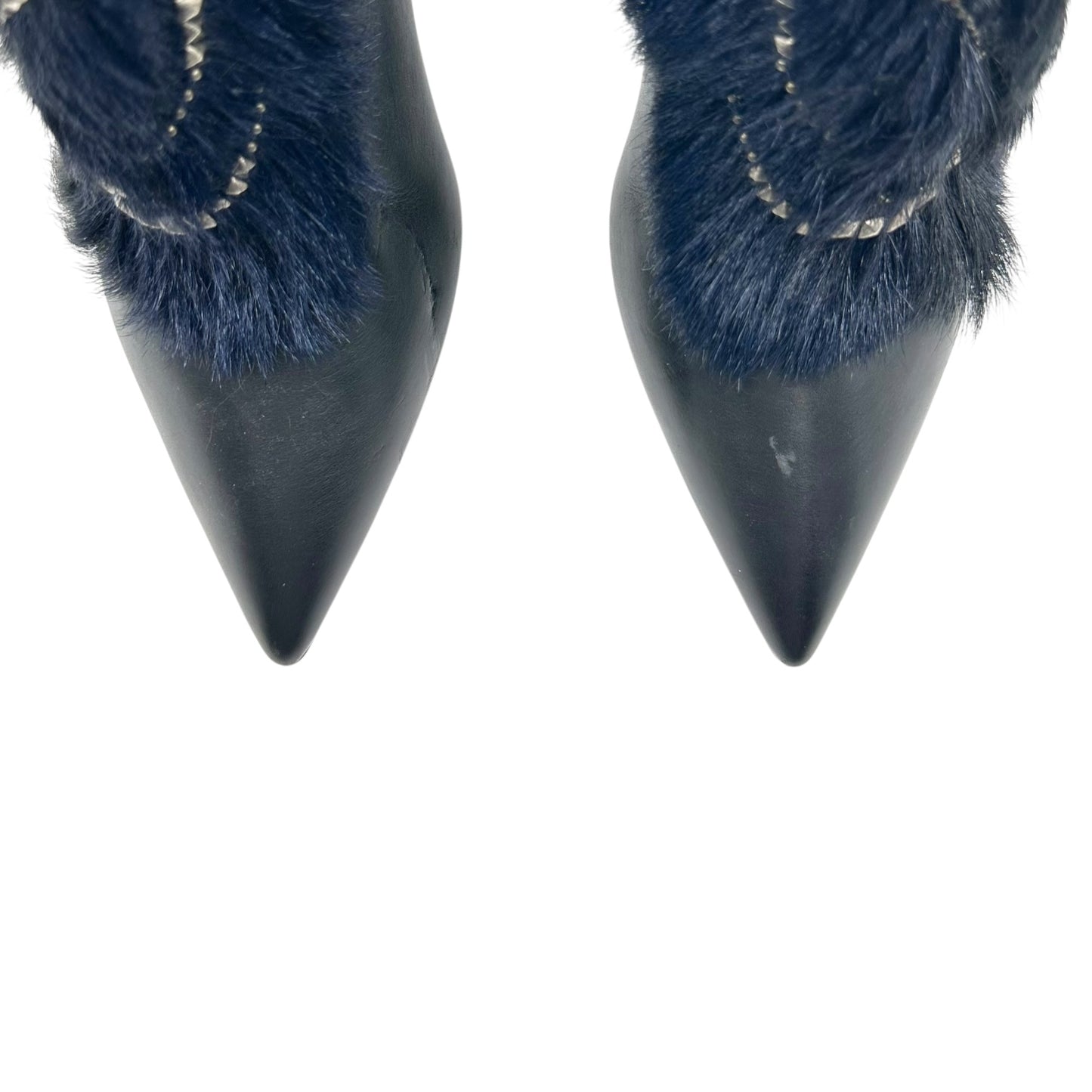 Roberto Cavalli Black Leather Studded Fur Trim Heeled Boots