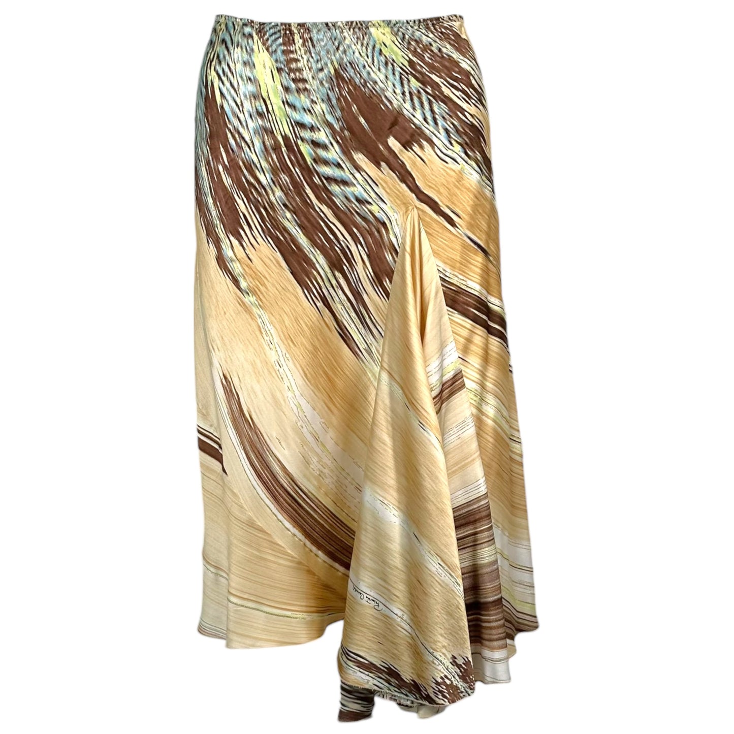 Roberto Cavalli S/S 2003 Silk Feather Print Asymmetrical Midi Skirt
