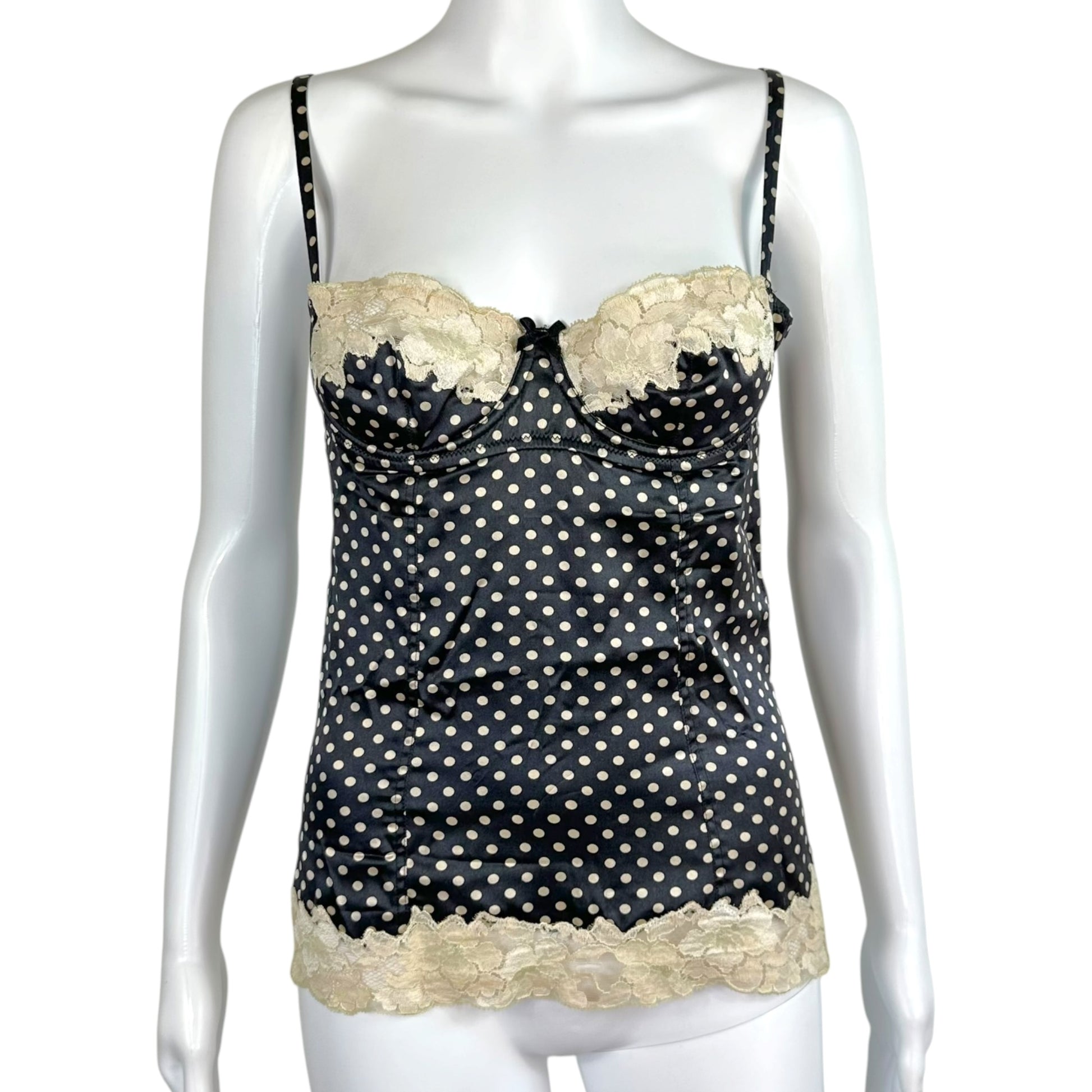 Dolce & Gabbana Black Ivory Silk Lace Polka Dot Bustier Cami