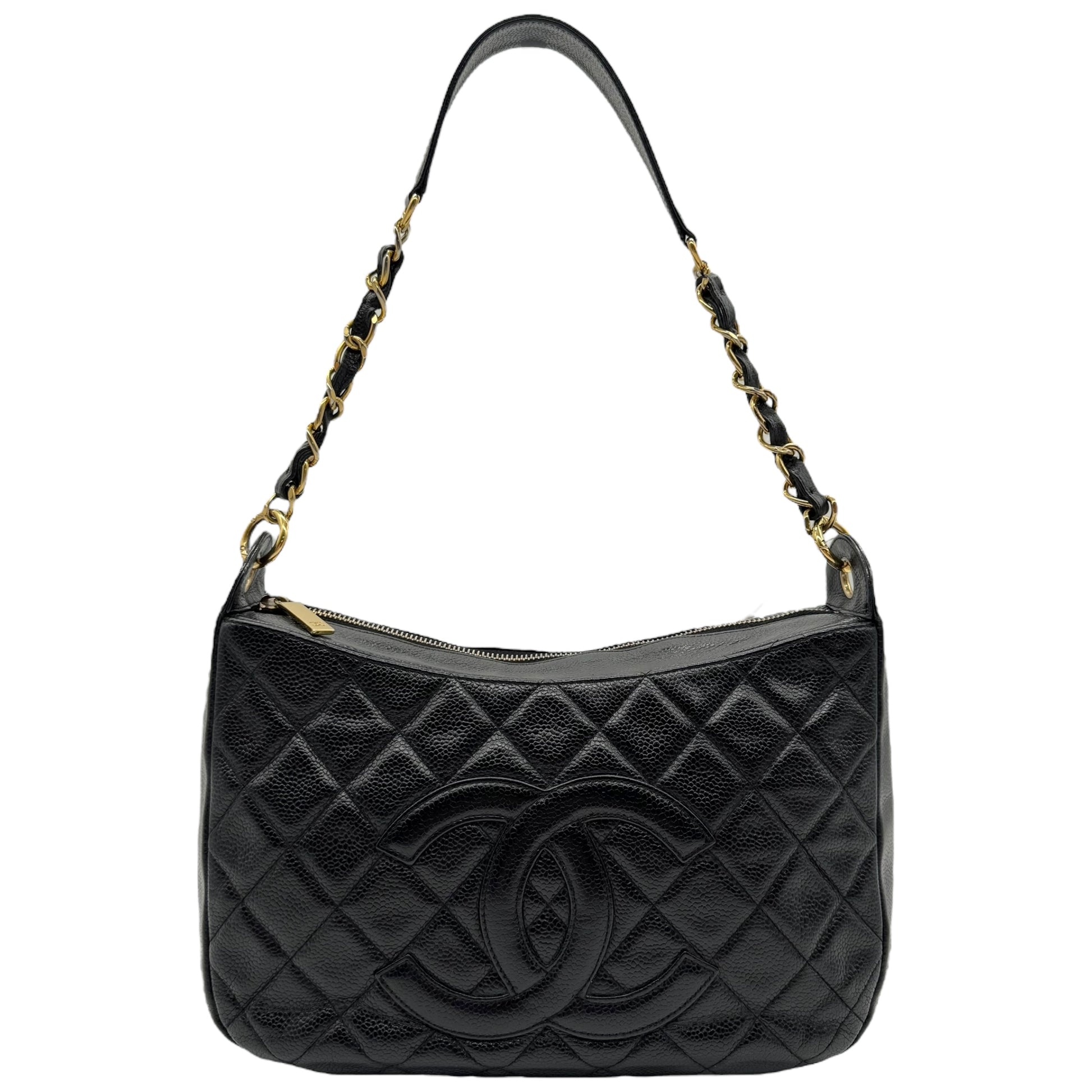 Chanel Black Caviar Leather Matelasse Quilted CC Logo Shoulder Bag 2004-05 - Outfit Repeater