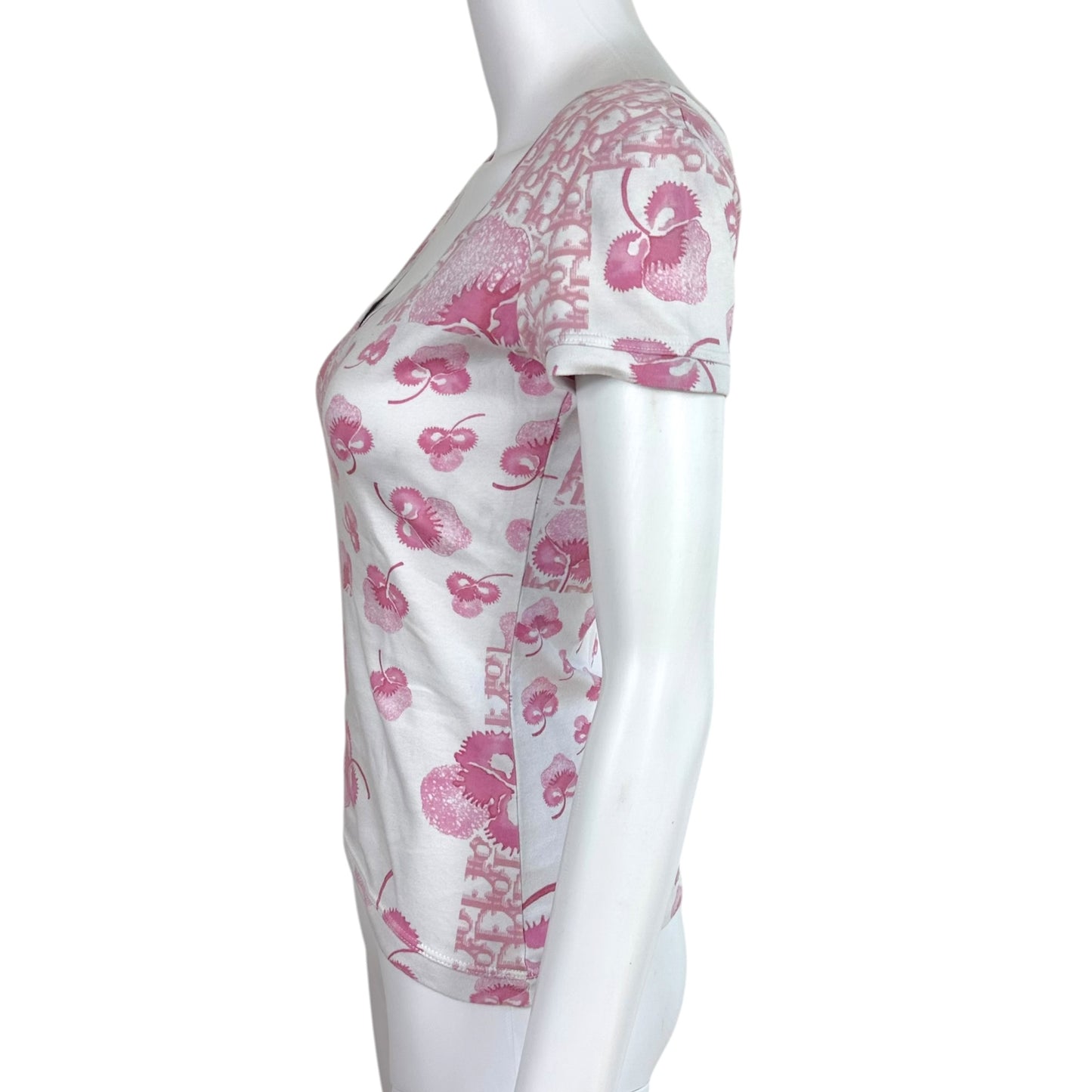 Christian Dior S/S 2005 Girly Dior Pink & White Floral Trotter Monogram V-Neck T-Shirt