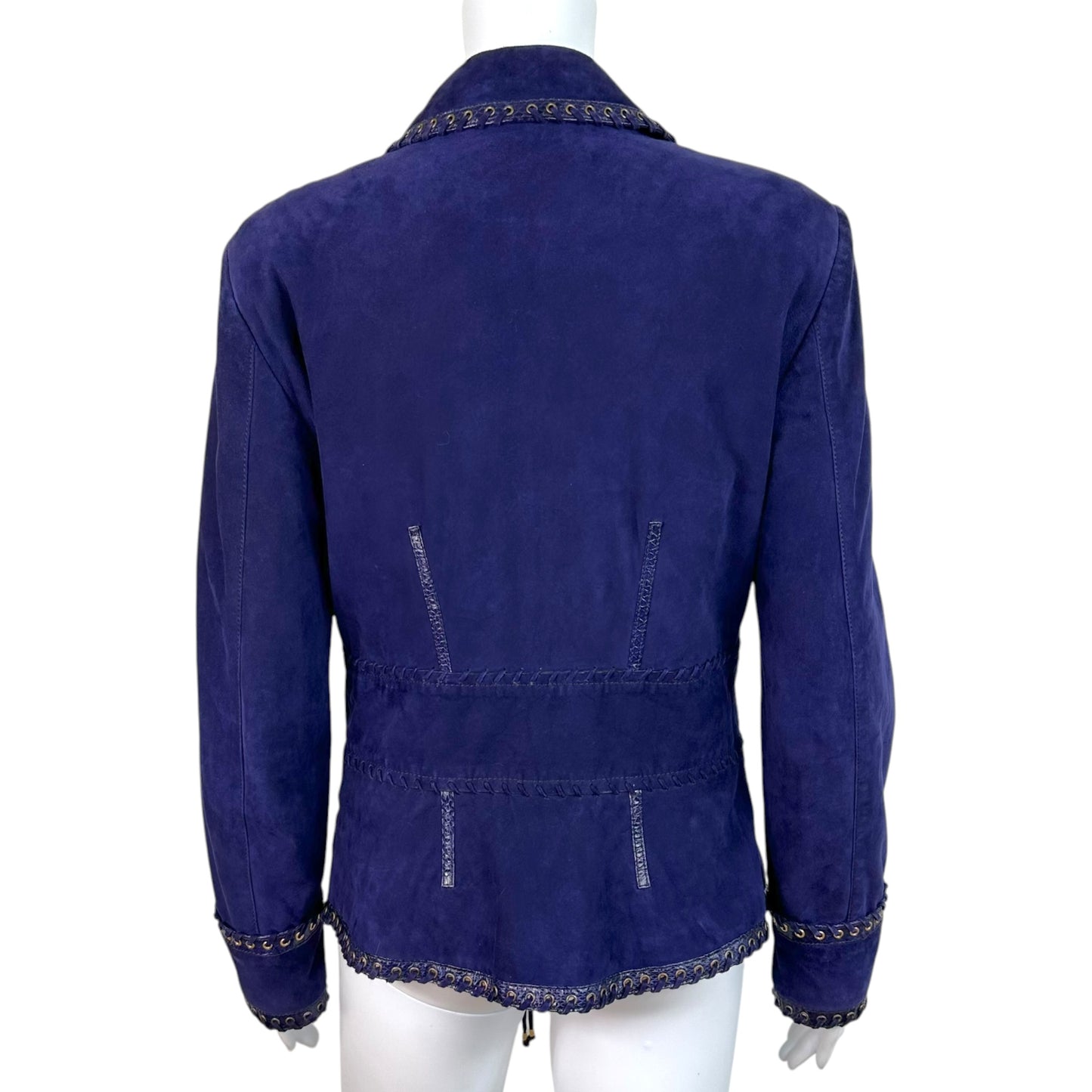 Roberto Cavalli Navy Blue Suede Blazer Jacket With Gold Trim