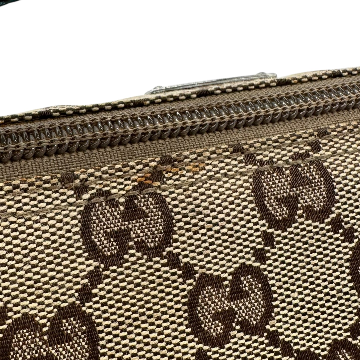 Gucci Tan Monogram & Teal Trim Pochette Bag - Outfit Repeater