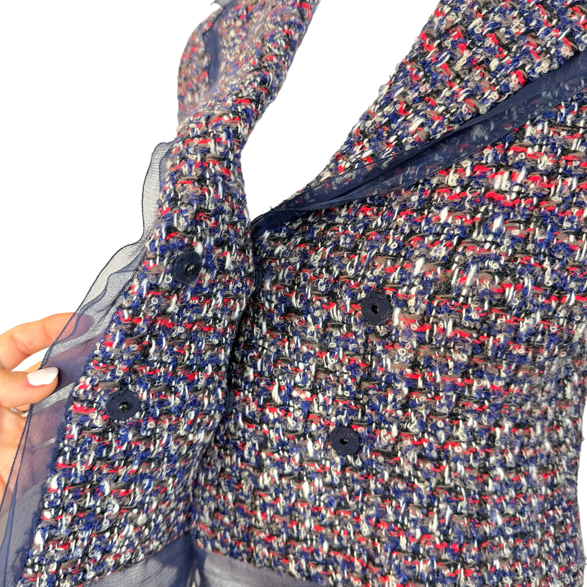 Christian Dior Navy Blue Red Tweed Silk Trim Cropped Jacket